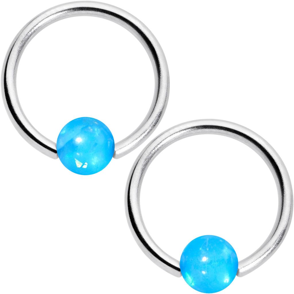 BodyCandy 16G 3/8 Blue Faux Opal Horseshoe BCR Captive Ring Set of 4 — detail close-up