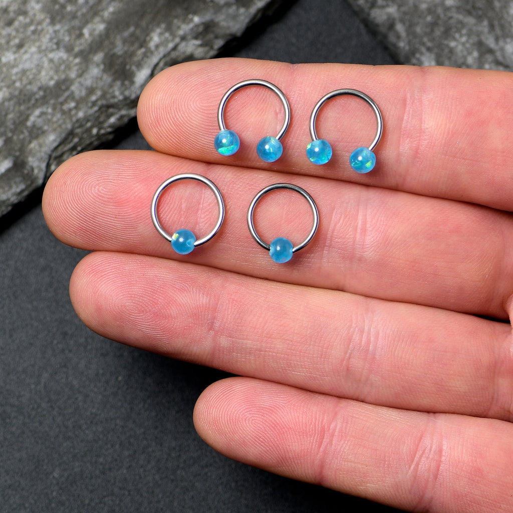 BodyCandy 16G 3/8 Blue Faux Opal Horseshoe BCR Captive Ring Set of 4 — side view