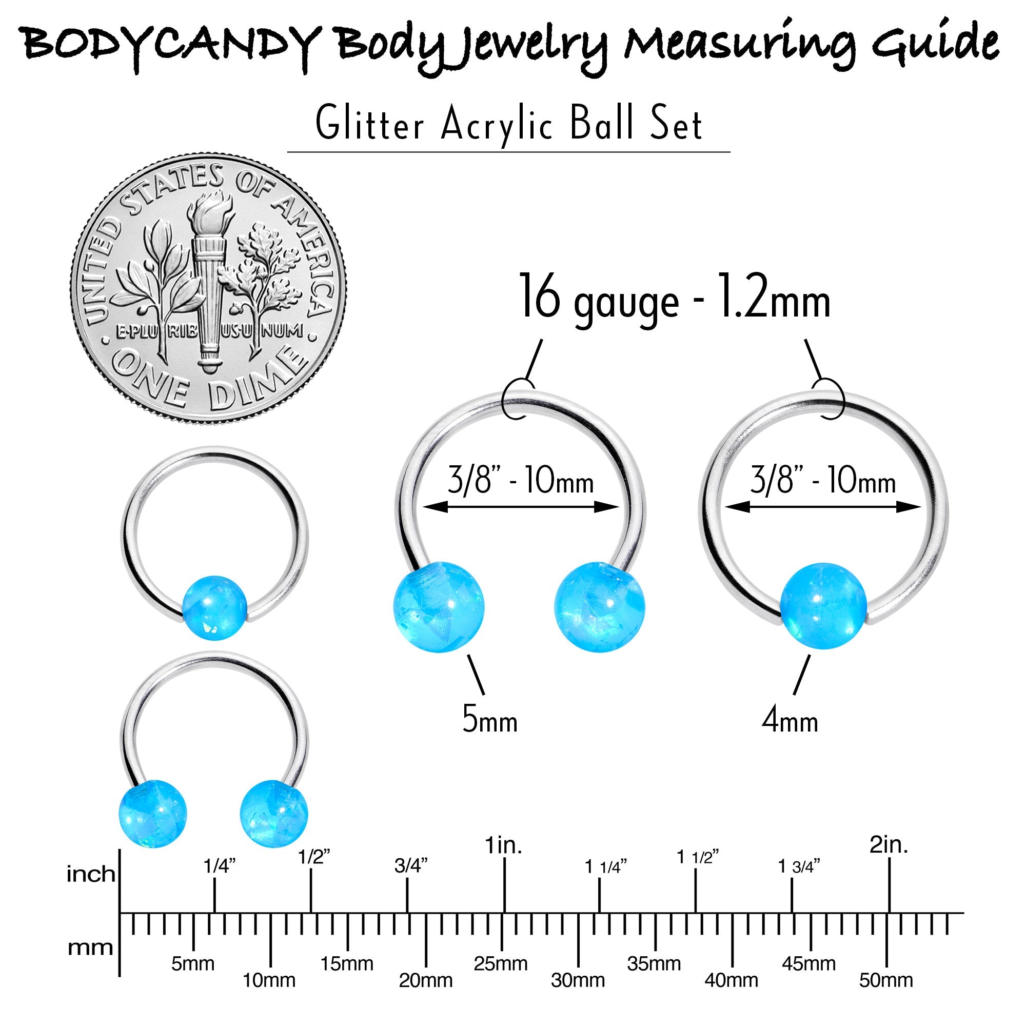 BodyCandy 16G 3/8 Blue Faux Opal Horseshoe BCR Captive Ring Set of 4 — back view