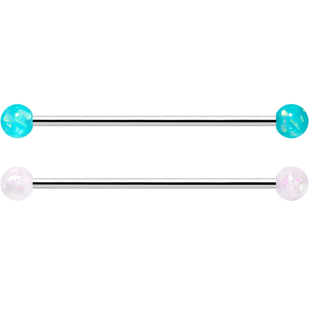 BodyCandy 14G Green Aurora Black Faux Opal Pack Industrial Barbell Set of 4 — detail close-up