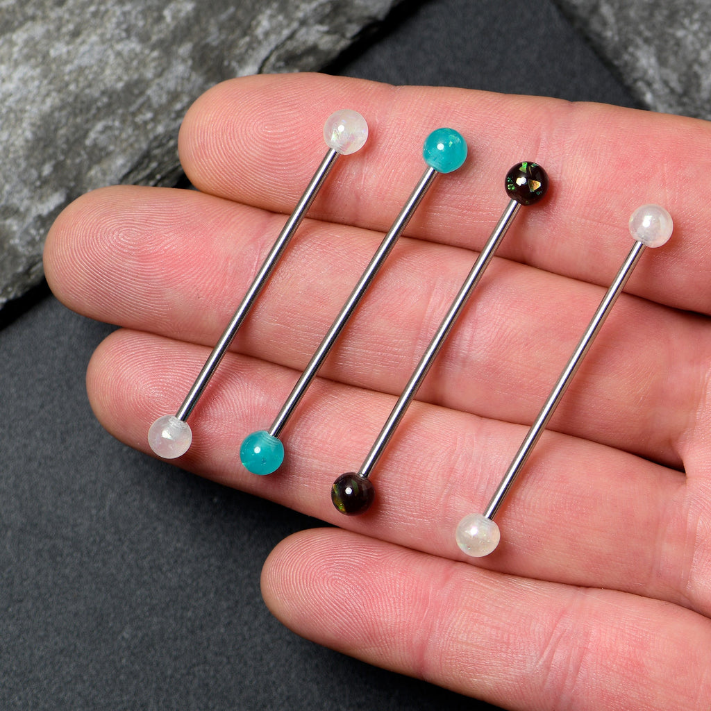 BodyCandy 14G Green Aurora Black Faux Opal Pack Industrial Barbell Set of 4 — side view