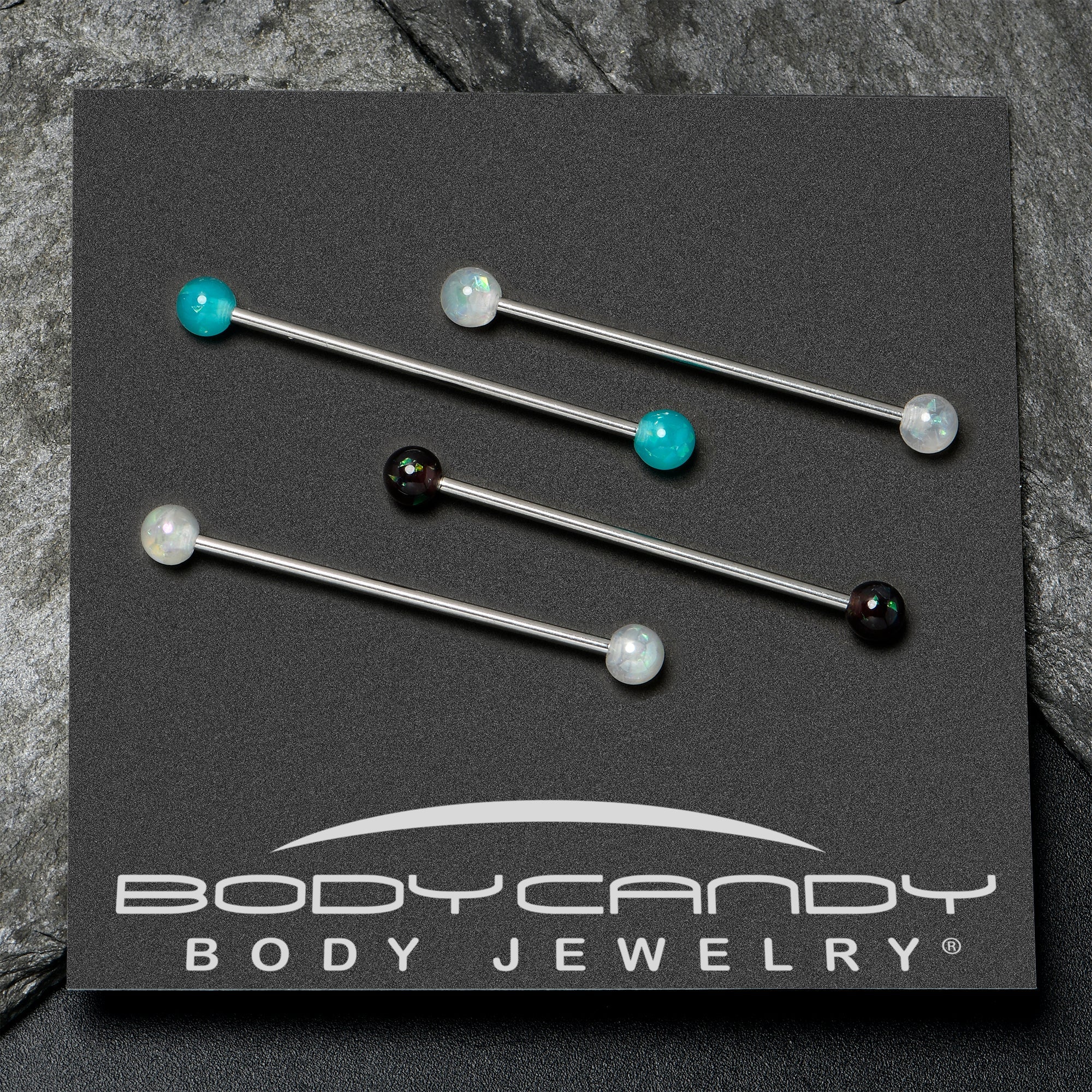 BodyCandy 14G Green Aurora Black Faux Opal Pack Industrial Barbell Set of 4 — alternative angle