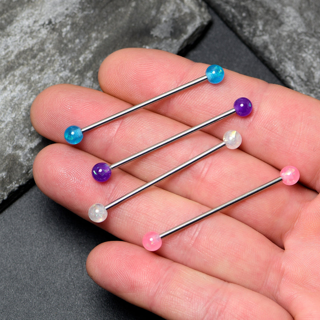BodyCandy 14G Pink White Purple Faux Opal Pack Industrial Barbell Set of 4 — side view