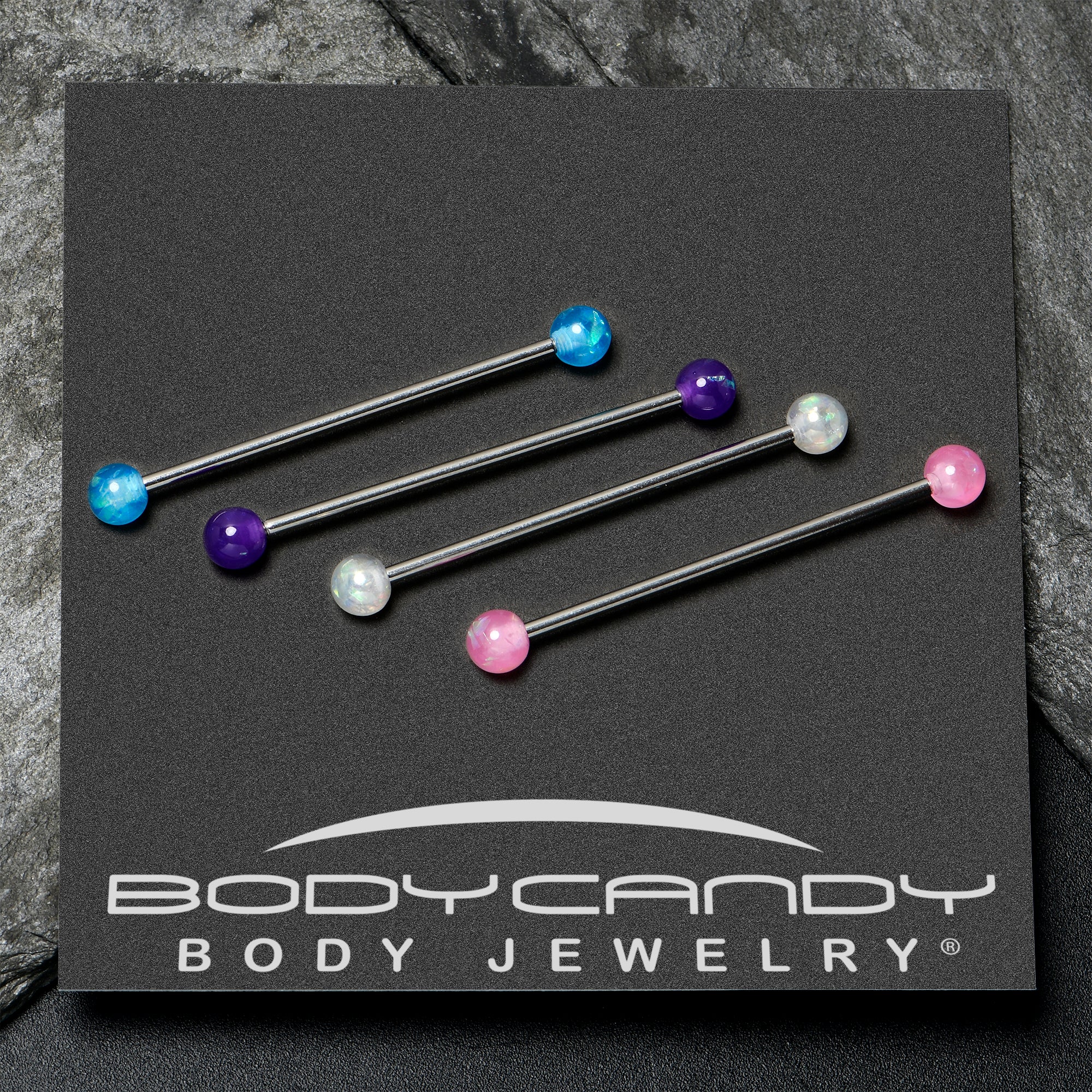 BodyCandy 14G Pink White Purple Faux Opal Pack Industrial Barbell Set of 4 — alternative angle