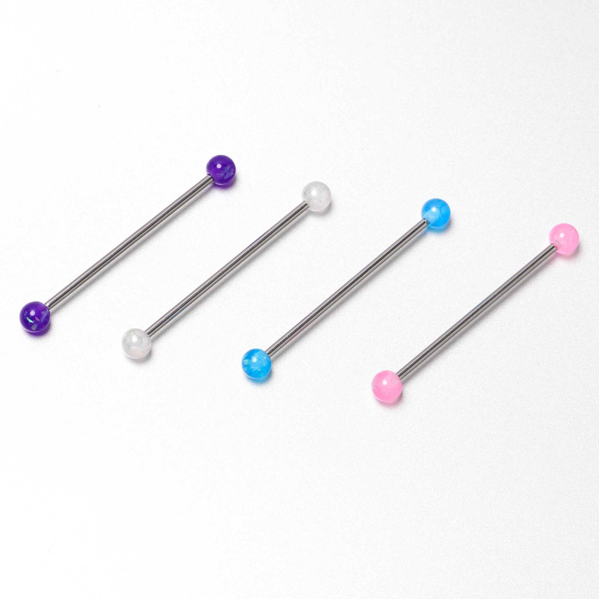 BodyCandy 14G Pink White Purple Faux Opal Pack Industrial Barbell Set of 4 — in-use photo