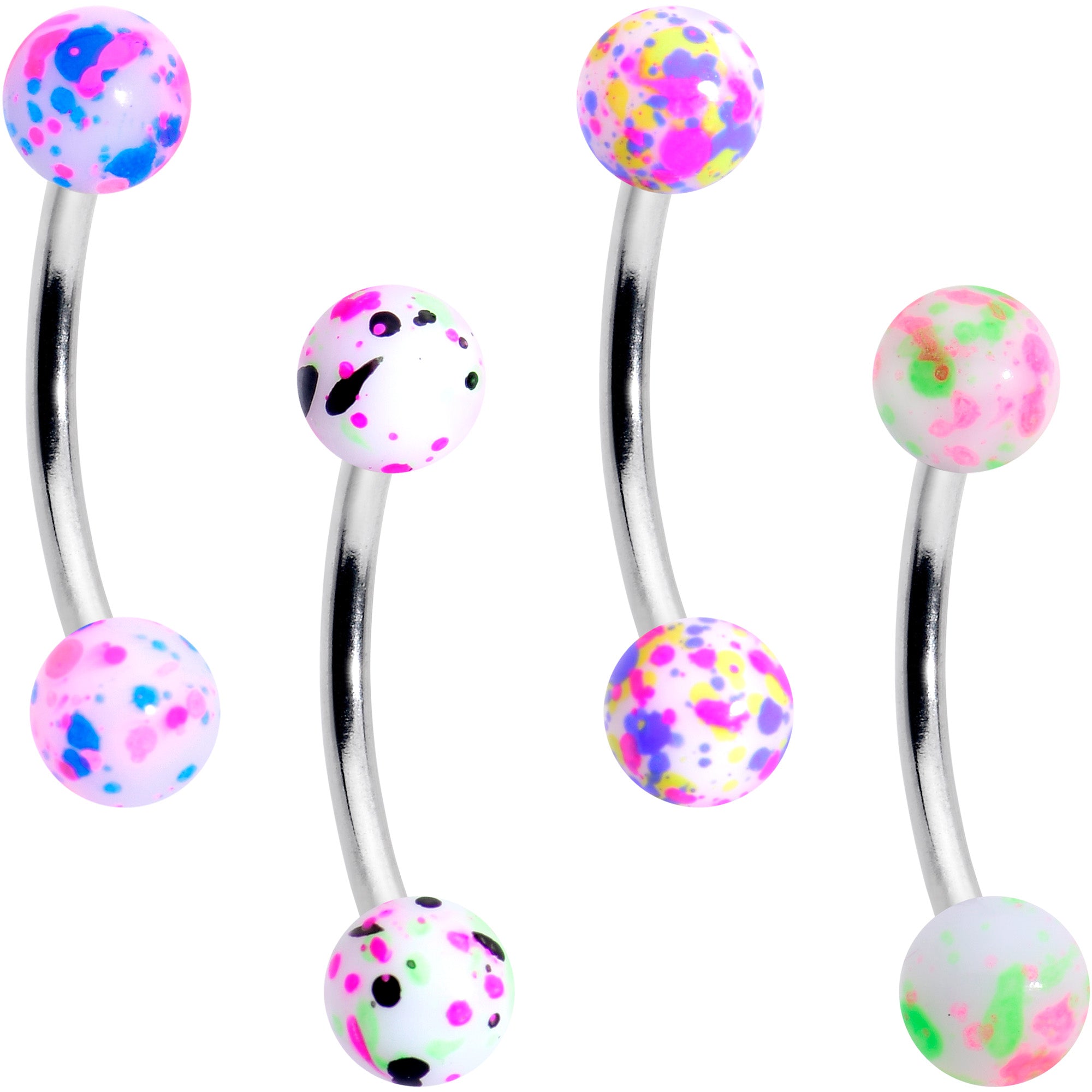 BodyCandy 16G 3/8 Splatter Pink Green Blue Curved Eyebrow Ring Set of 4 — main product shot