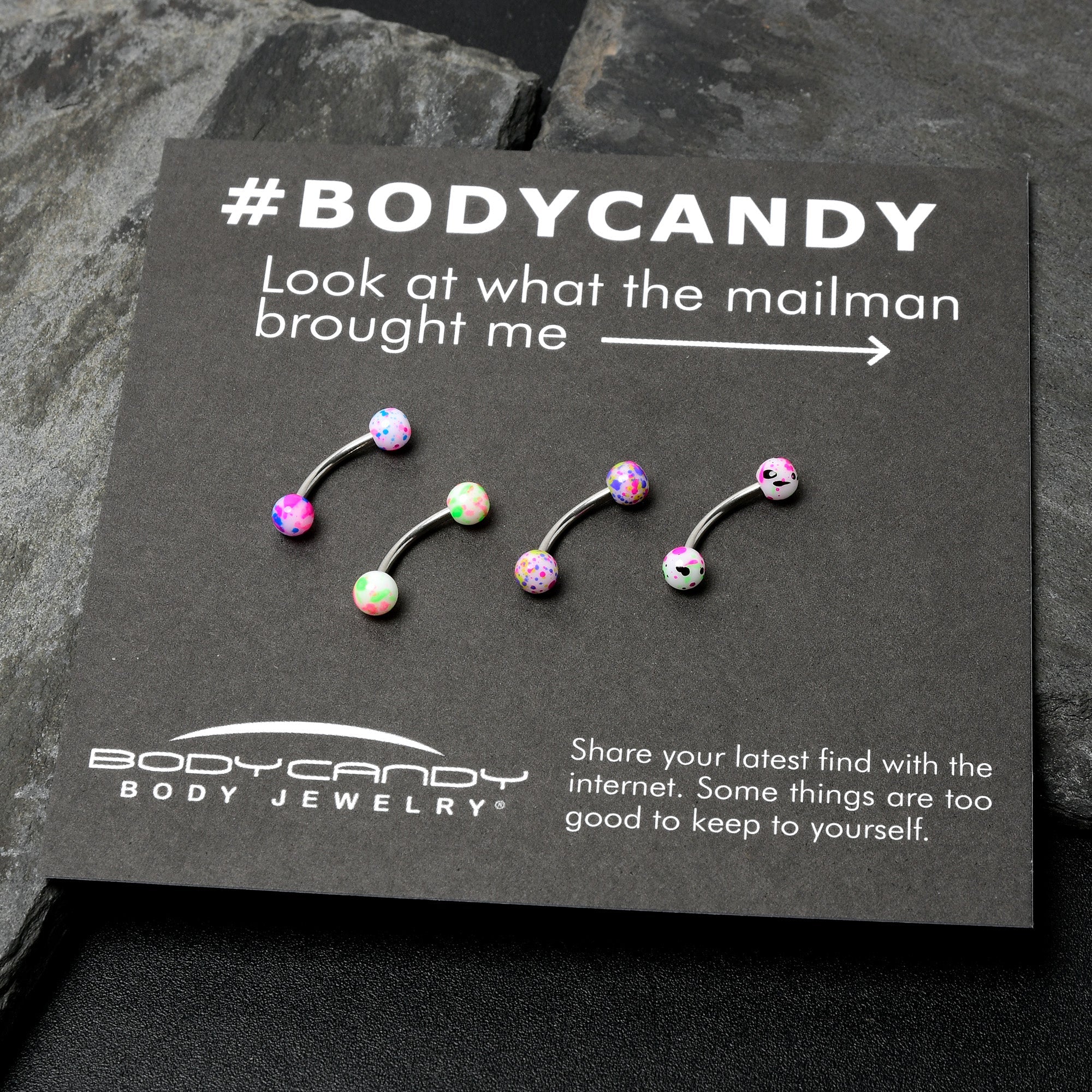 BodyCandy 16G 3/8 Splatter Pink Green Blue Curved Eyebrow Ring Set of 4 — back view