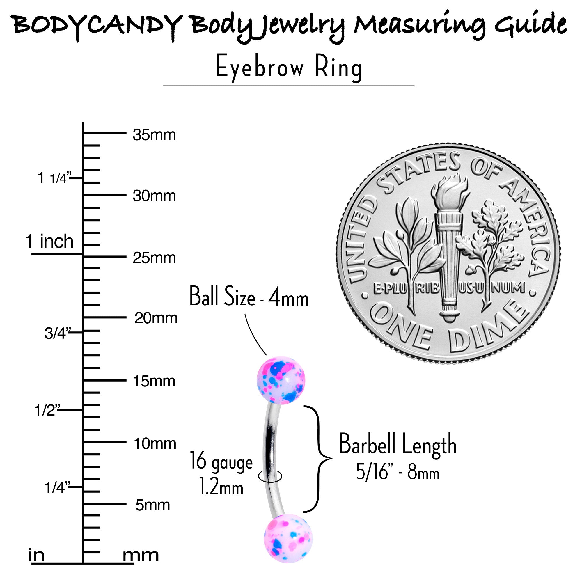BodyCandy 16G 3/8 Splatter Pink Green Blue Curved Eyebrow Ring Set of 4 — alternative angle
