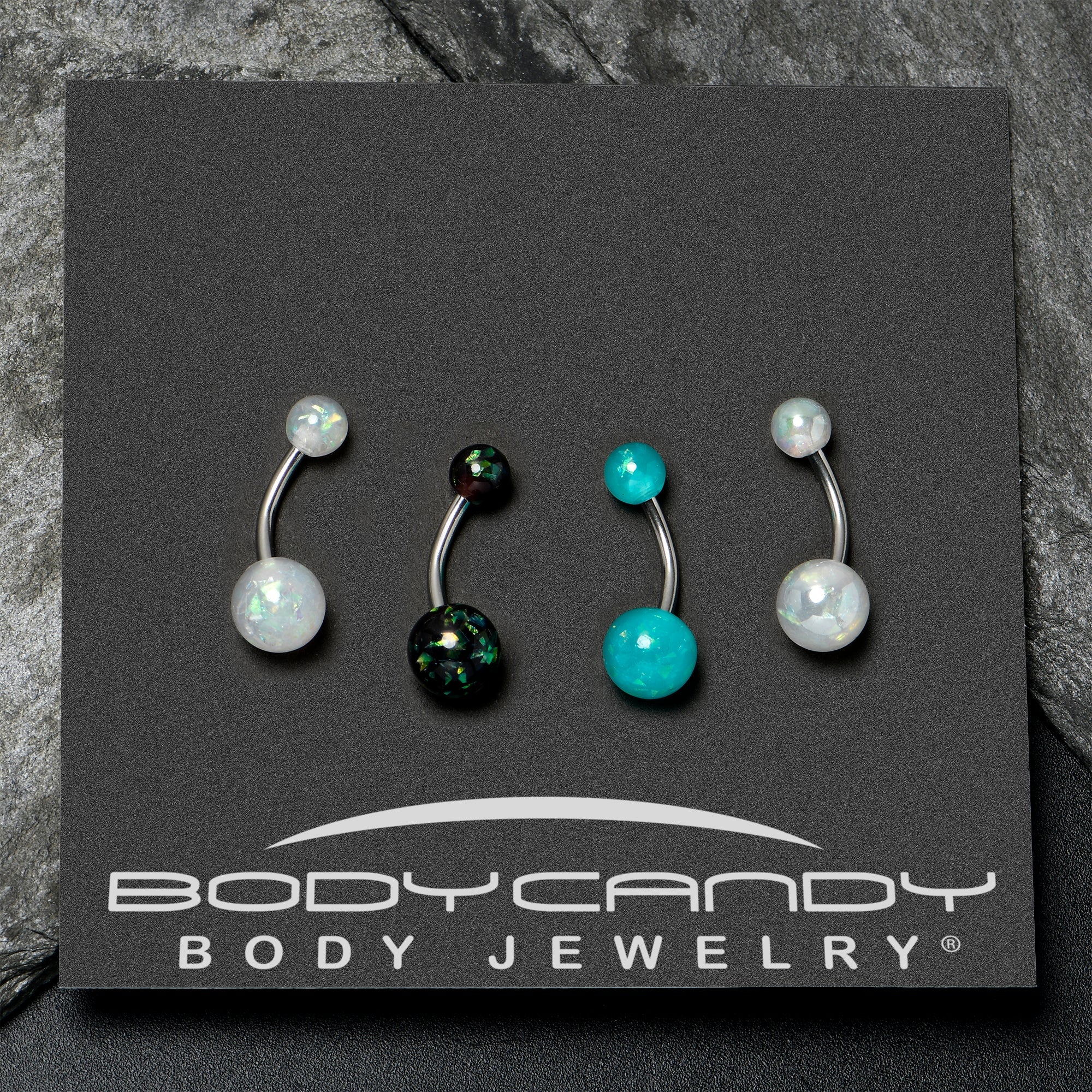 BodyCandy White Aurora Green Black Faux Opal Pack Belly Ring Set of 4 — alternative angle