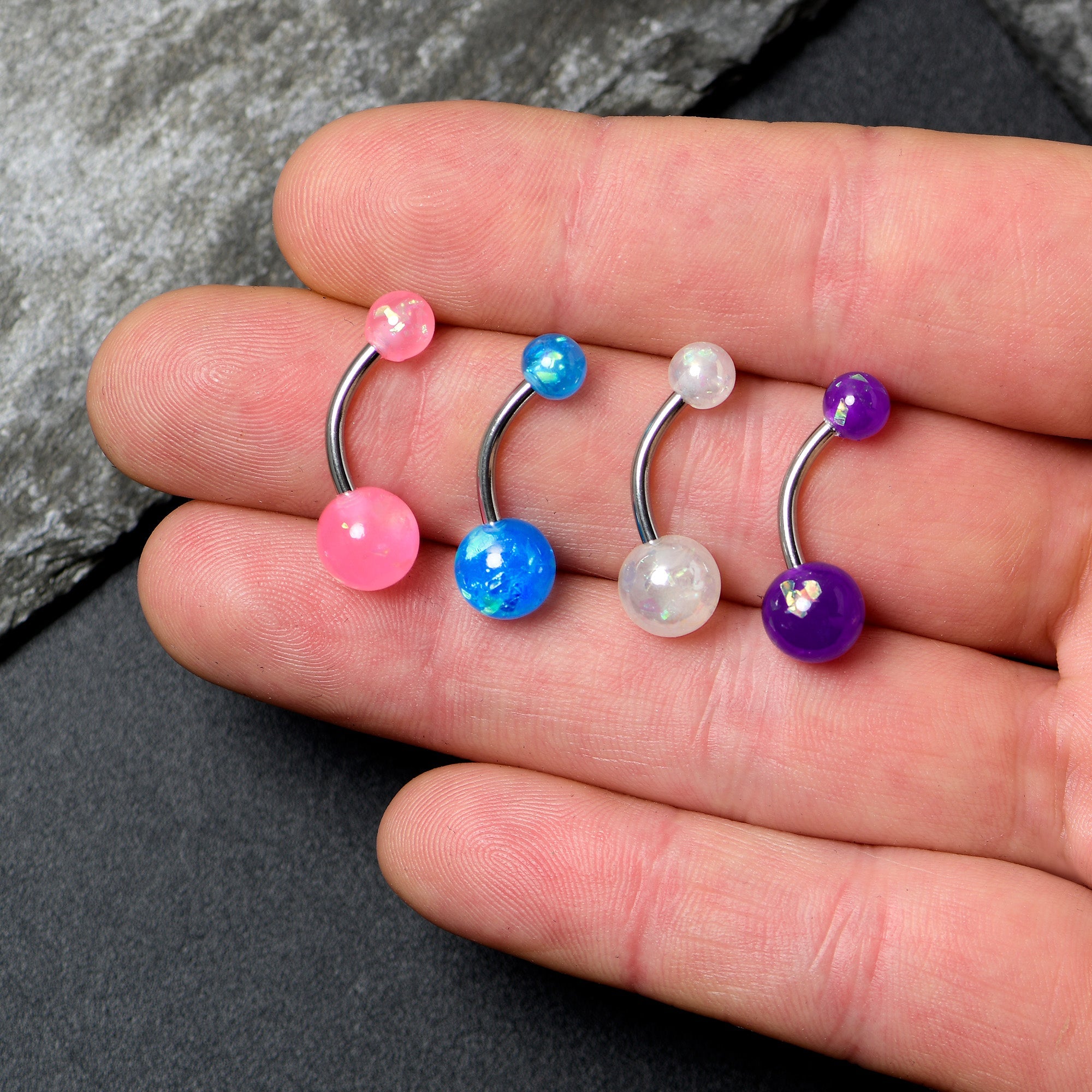 BodyCandy White Pink Purple Faux Opal Pack Belly Ring Set of 4 — side view