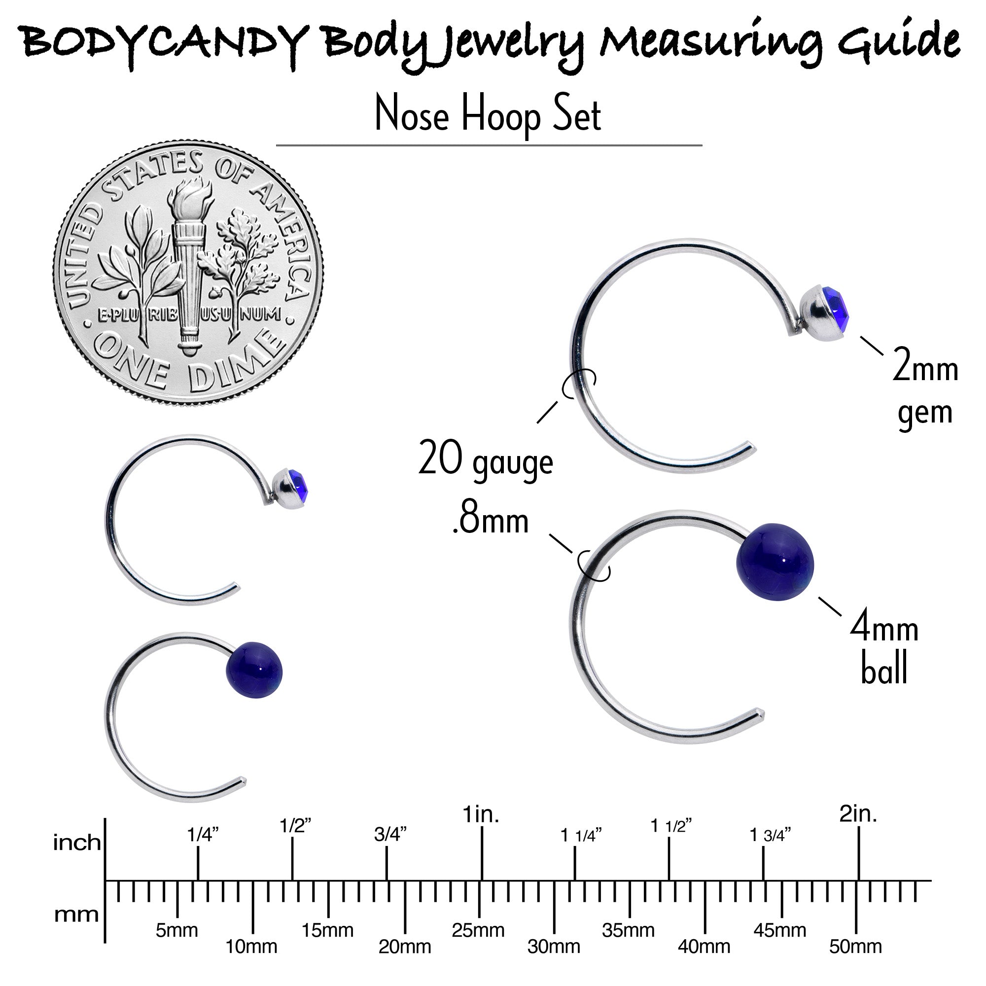 BodyCandy 20G 5/16 Nose Hoop Gem Faux Opal Pack Classy Nose Ring Set of 6 — back view