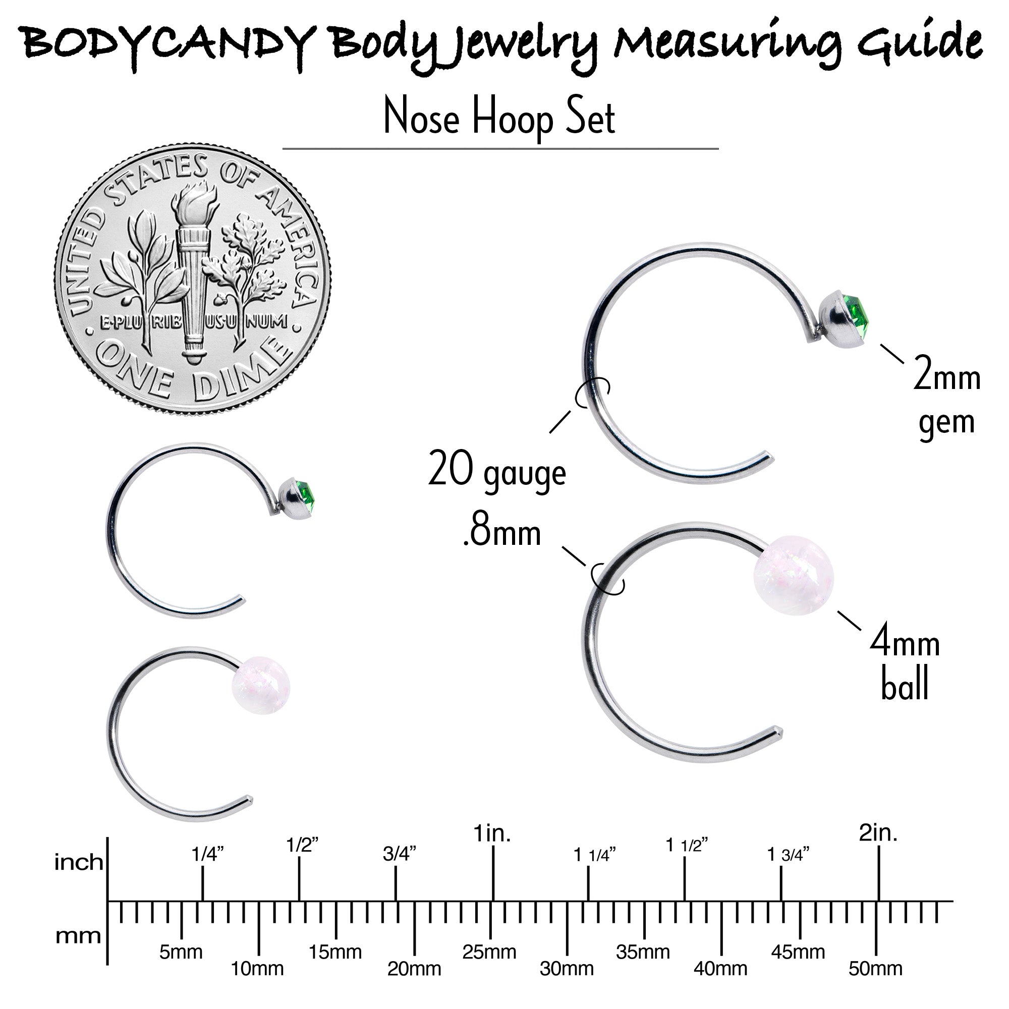 BodyCandy 20G 5/16 Nose Hoop Gem Faux Opal Pack Dynasty Nose Ring Set of 6 — back view