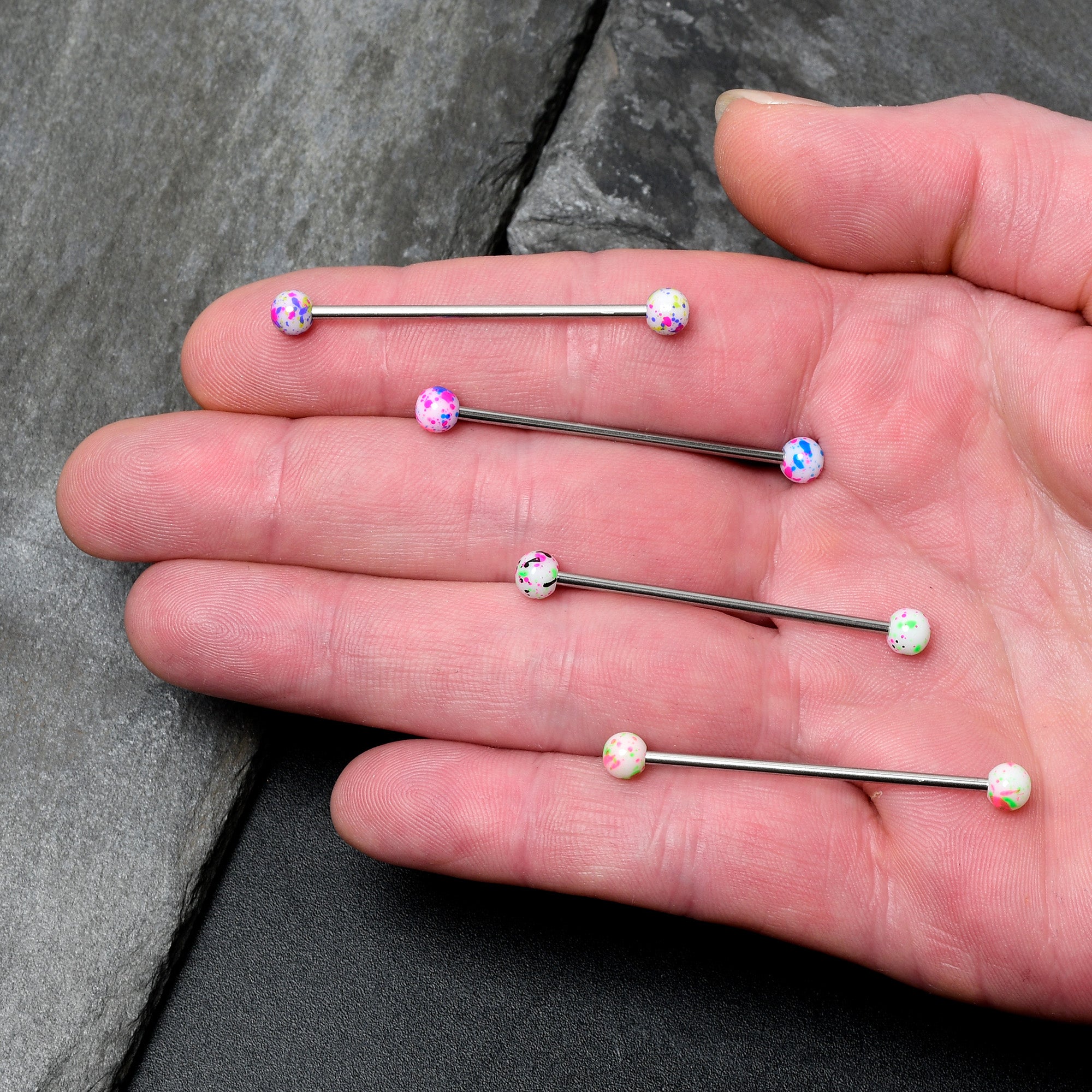 BodyCandy 14G Splatter Pink White Purple Industrial Barbell 38mm Set of 4 — detail close-up