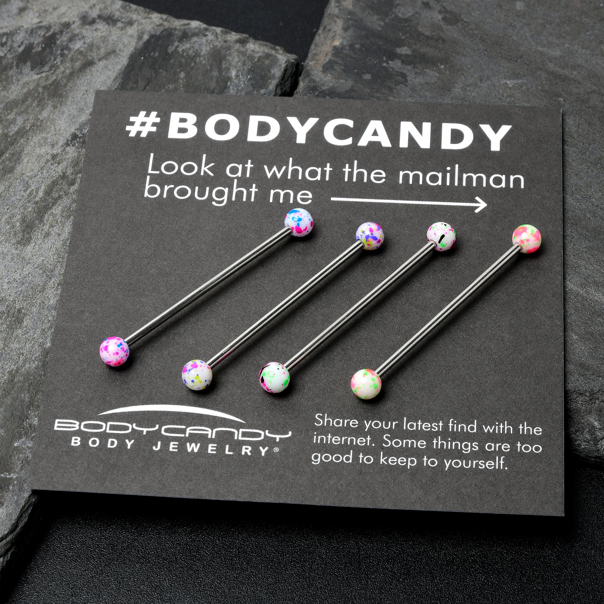 BodyCandy 14G Splatter Pink White Purple Industrial Barbell 38mm Set of 4 — back view