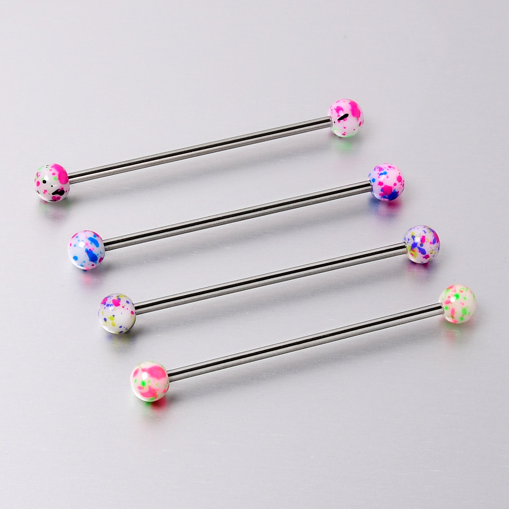 BodyCandy 14G Splatter Pink White Purple Industrial Barbell 38mm Set of 4 — in-use photo