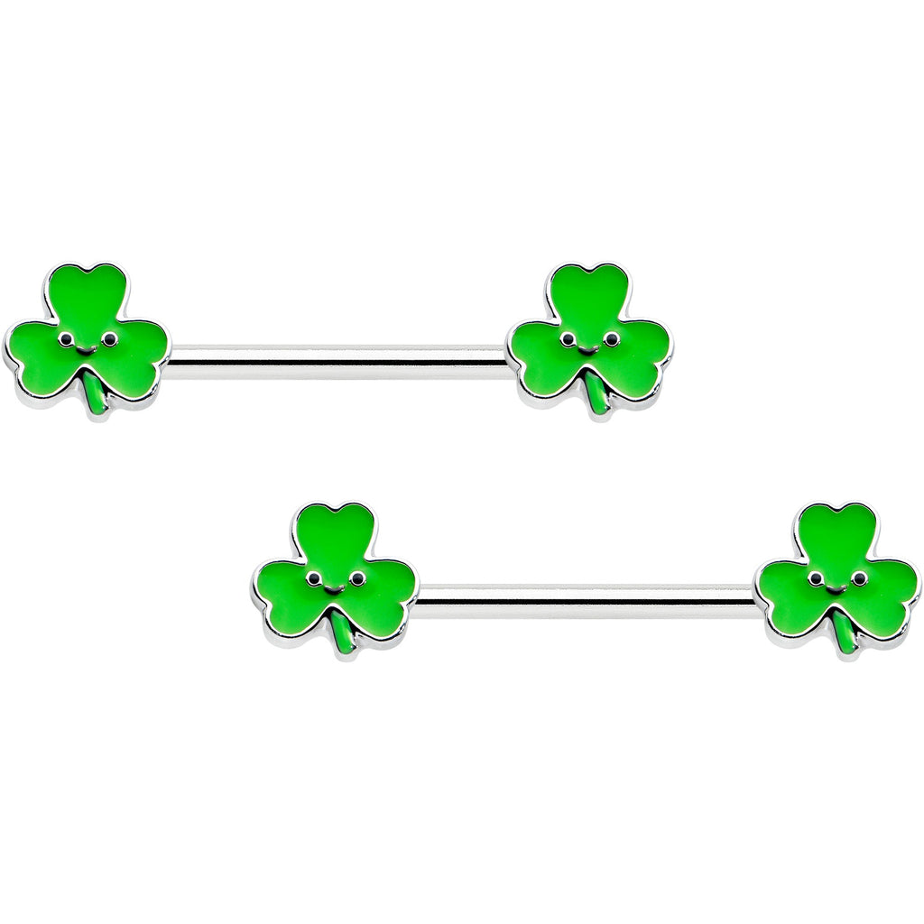 BodyCandy 14G 9/16 Kawaii Smile Shamrock St Patricks Barbell Nipple Ring Set — main product shot
