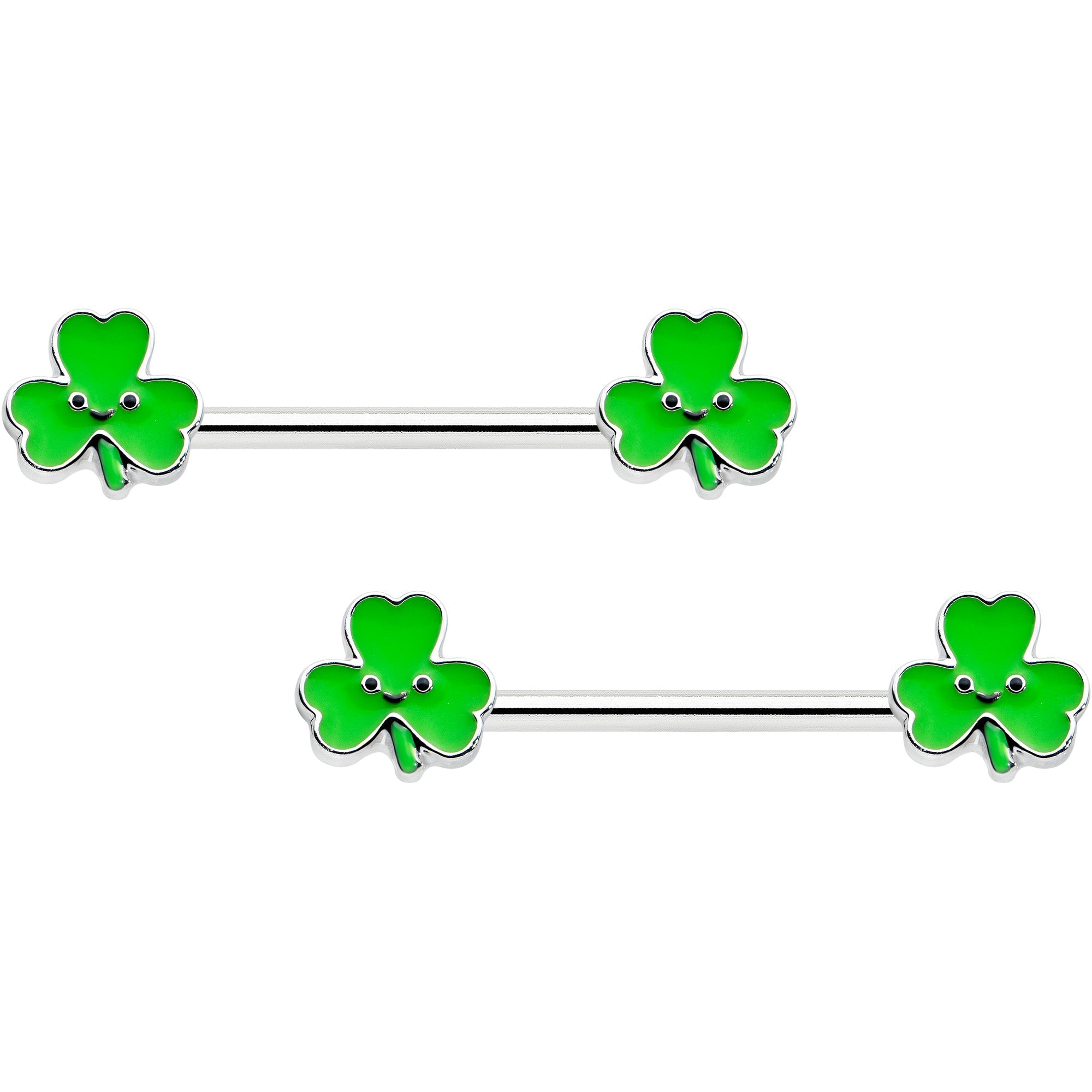 BodyCandy 14G 9/16 Kawaii Smile Shamrock St Patricks Barbell Nipple Ring Set — main product shot