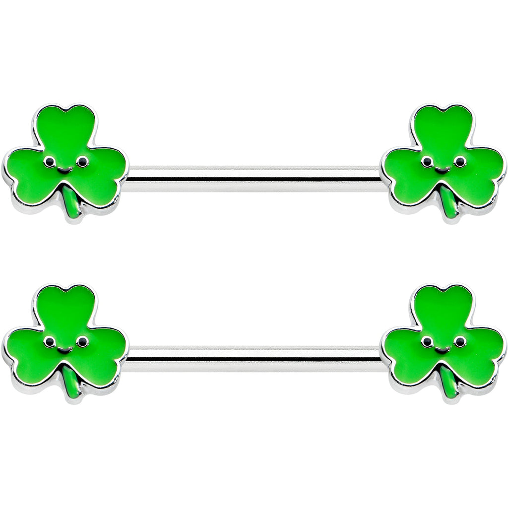 BodyCandy 14G 9/16 Kawaii Smile Shamrock St Patricks Barbell Nipple Ring Set — detail close-up