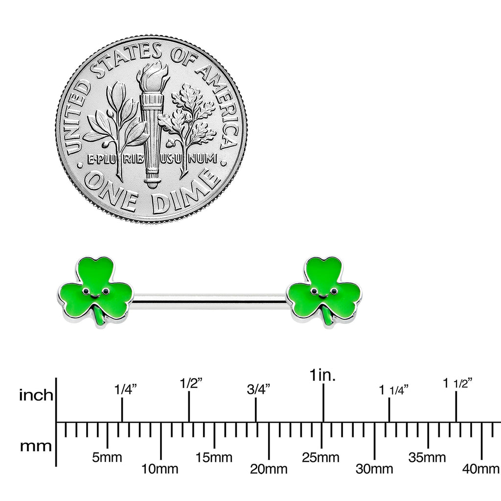 BodyCandy 14G 9/16 Kawaii Smile Shamrock St Patricks Barbell Nipple Ring Set — lifestyle context