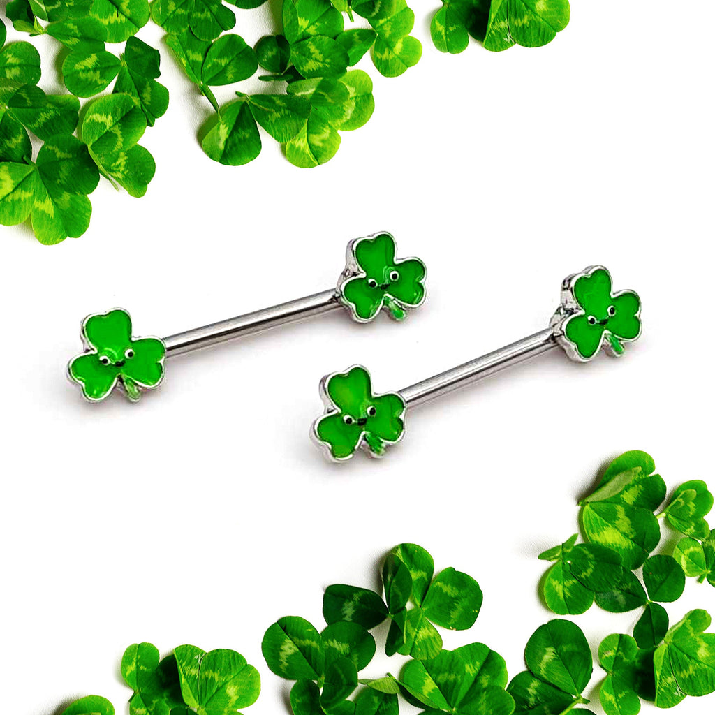 BodyCandy 14G 9/16 Kawaii Smile Shamrock St Patricks Barbell Nipple Ring Set — side view