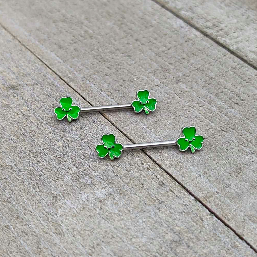BodyCandy 14G 9/16 Kawaii Smile Shamrock St Patricks Barbell Nipple Ring Set — alternative angle