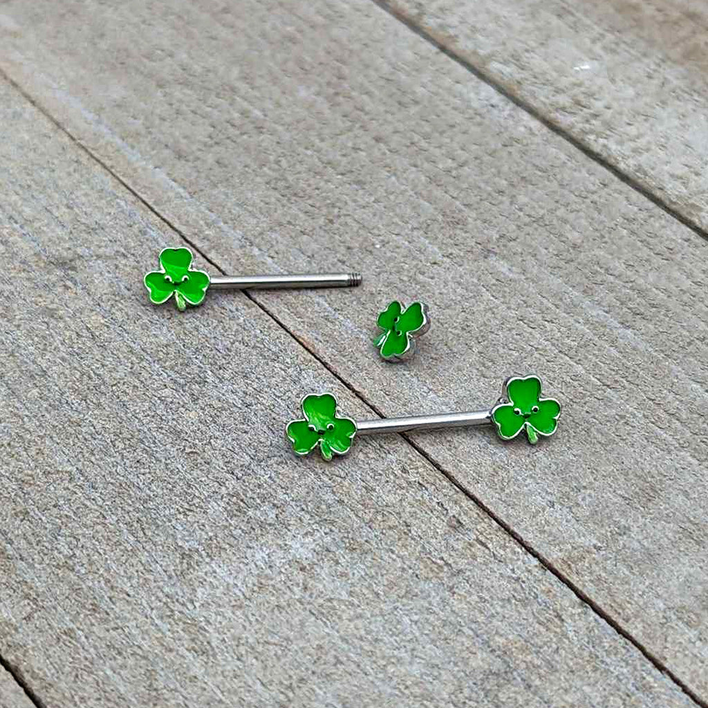 BodyCandy 14G 9/16 Kawaii Smile Shamrock St Patricks Barbell Nipple Ring Set — in-use photo