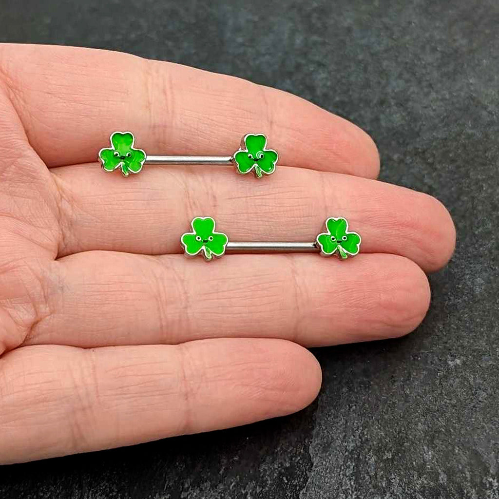 BodyCandy 14G 9/16 Kawaii Smile Shamrock St Patricks Barbell Nipple Ring Set — size reference
