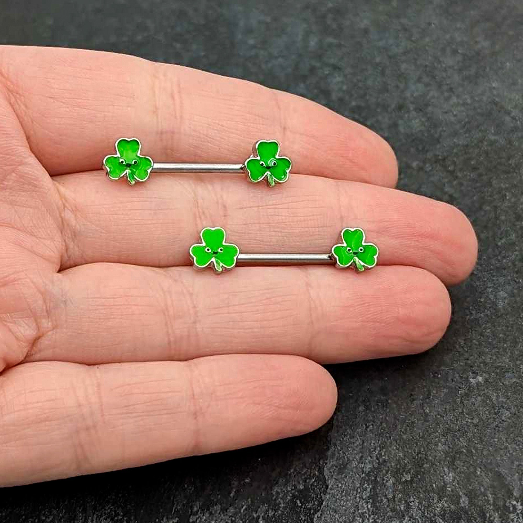BodyCandy 14G 9/16 Kawaii Smile Shamrock St Patricks Barbell Nipple Ring Set — size reference