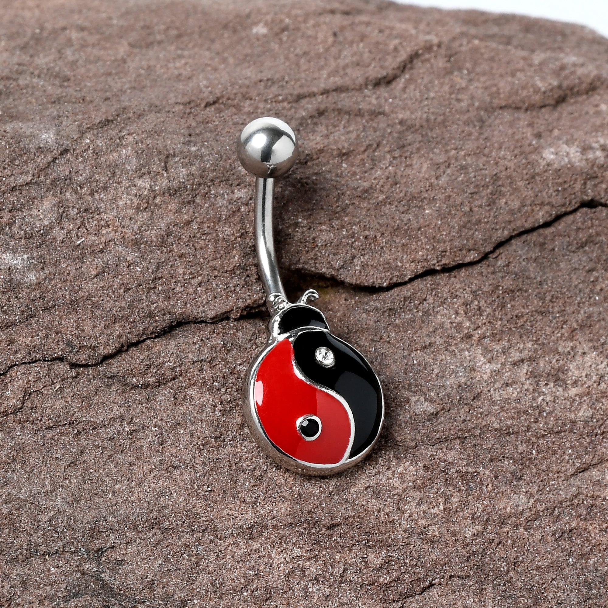 BodyCandy Clear Gem Ladybug Yin Yang Belly Ring — detail close-up