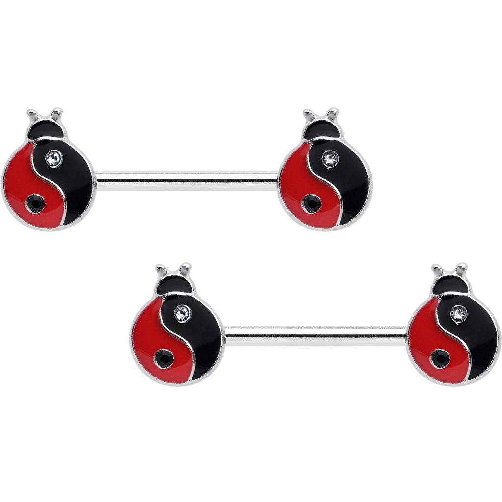 BodyCandy 14G 9/16 Clear Gem Ladybug Yin Yang Barbell Nipple Ring Set — main product shot
