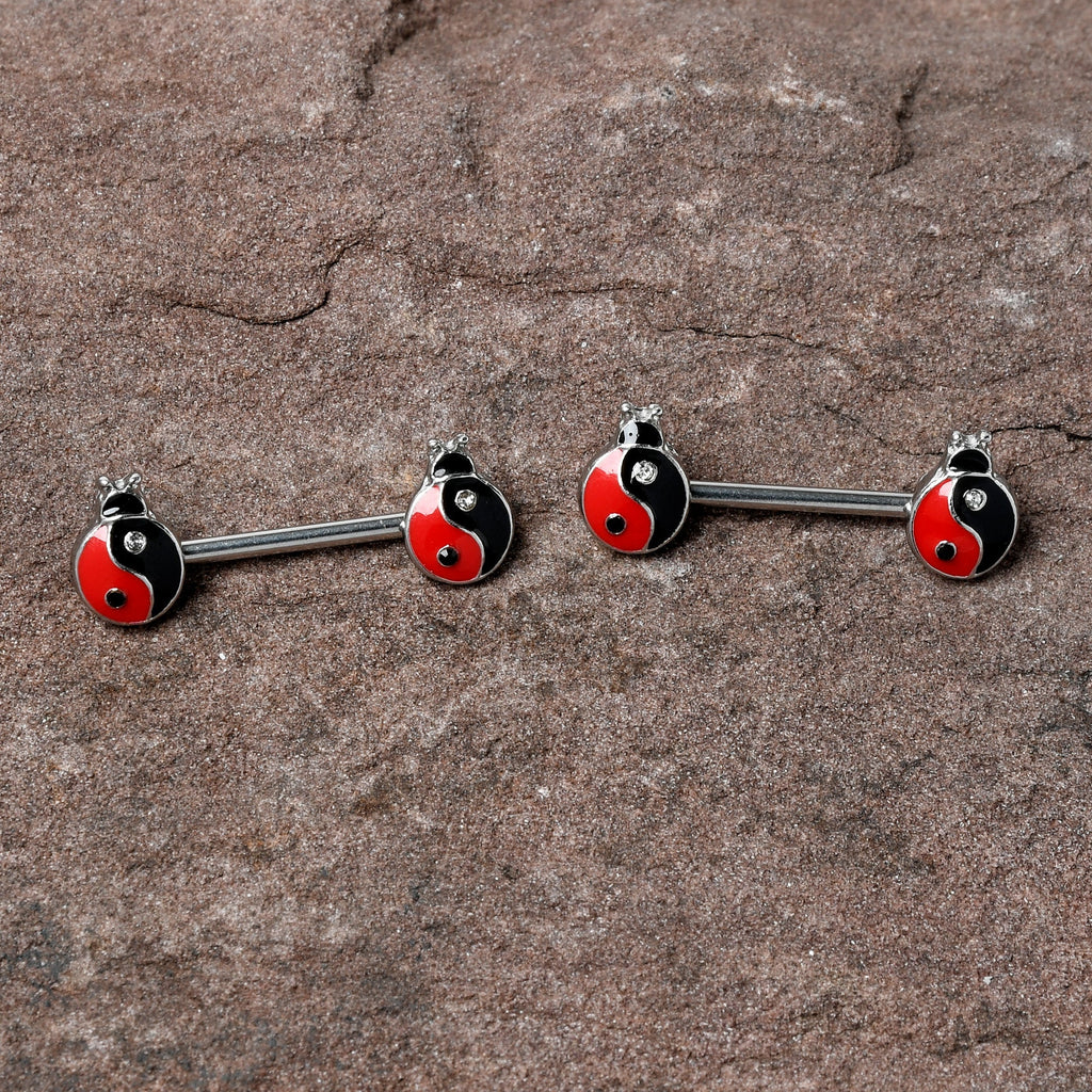 BodyCandy 14G 9/16 Clear Gem Ladybug Yin Yang Barbell Nipple Ring Set — detail close-up