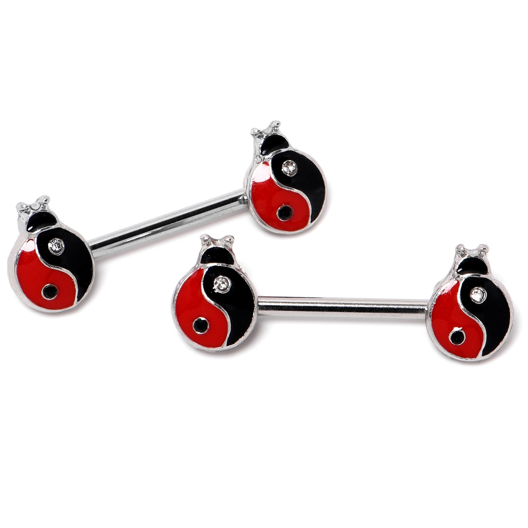 BodyCandy 14G 9/16 Clear Gem Ladybug Yin Yang Barbell Nipple Ring Set — lifestyle context