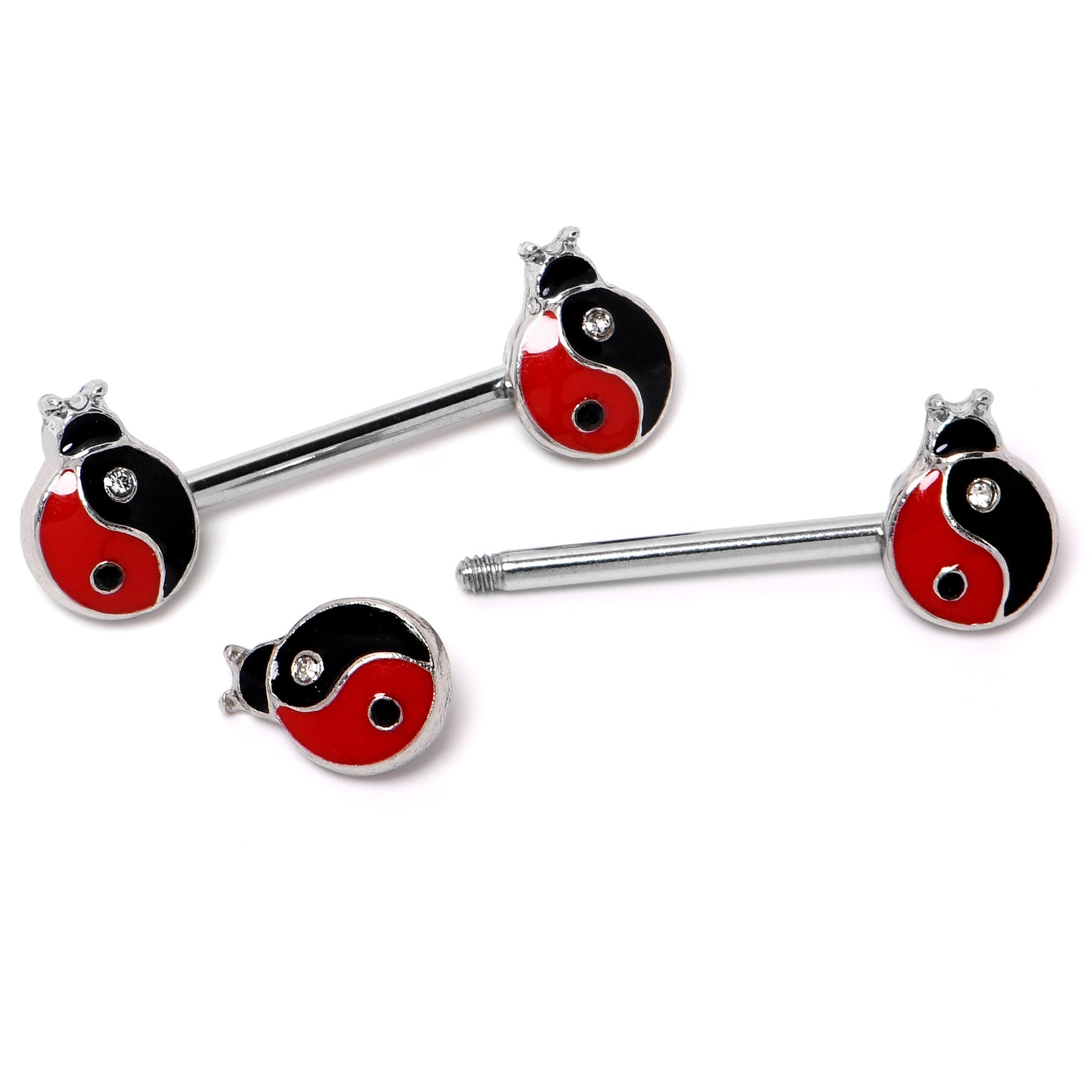 BodyCandy 14G 9/16 Clear Gem Ladybug Yin Yang Barbell Nipple Ring Set — side view