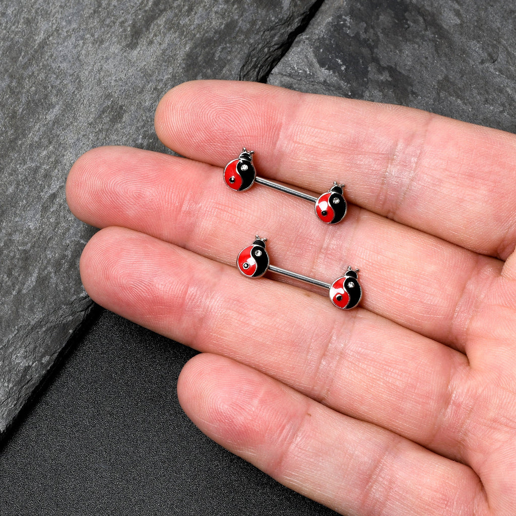 BodyCandy 14G 9/16 Clear Gem Ladybug Yin Yang Barbell Nipple Ring Set — back view