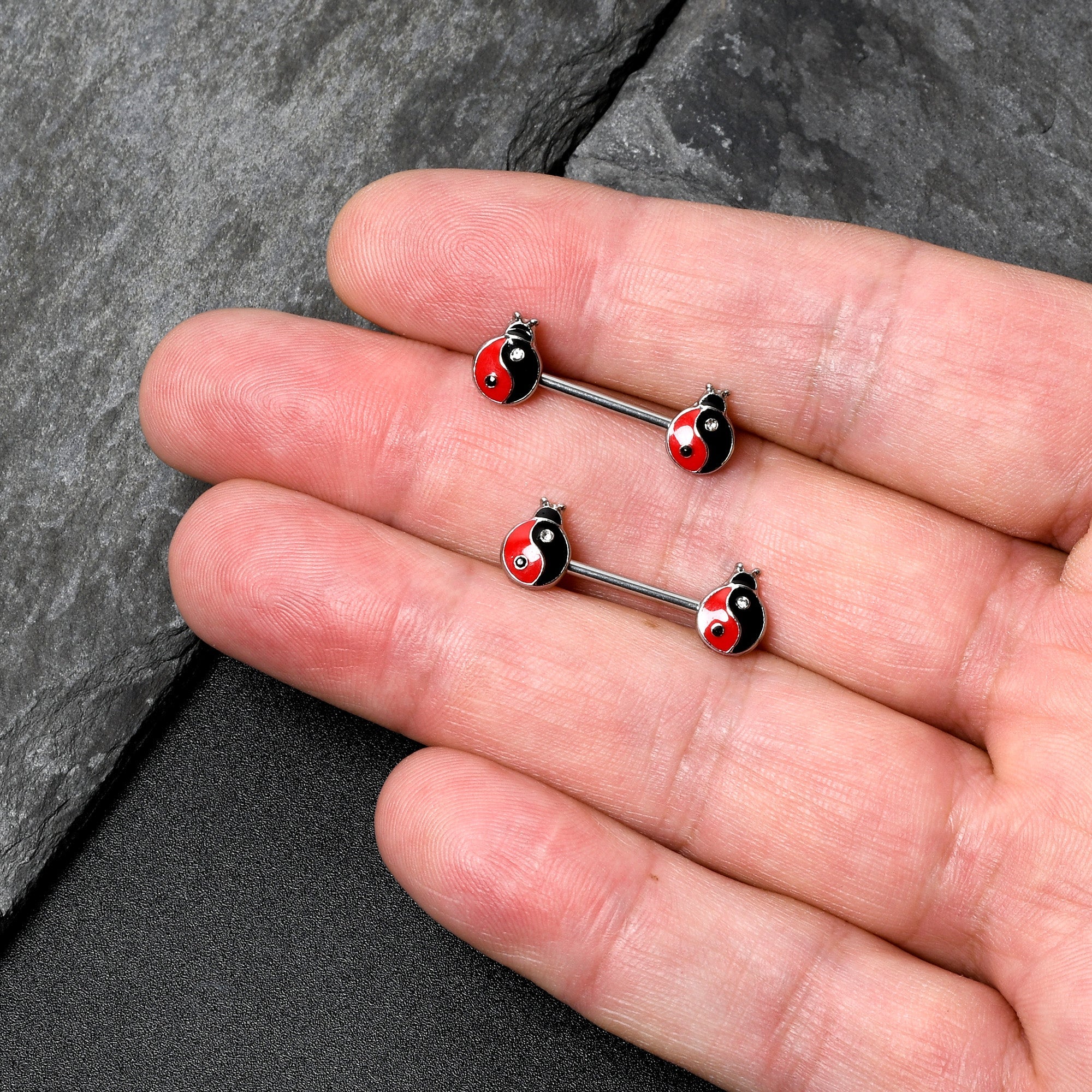 BodyCandy 14G 9/16 Clear Gem Ladybug Yin Yang Barbell Nipple Ring Set — back view