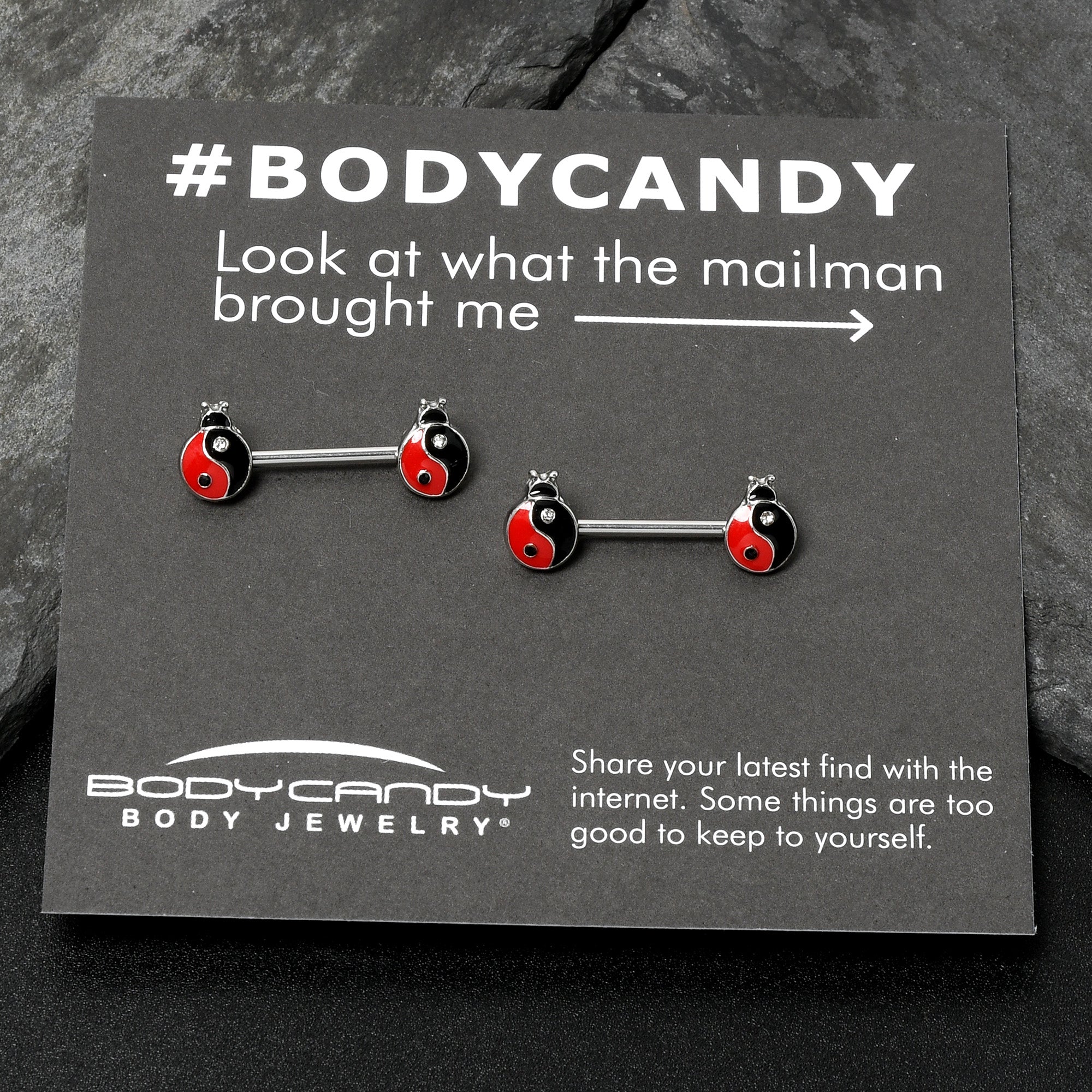 BodyCandy 14G 9/16 Clear Gem Ladybug Yin Yang Barbell Nipple Ring Set — alternative angle
