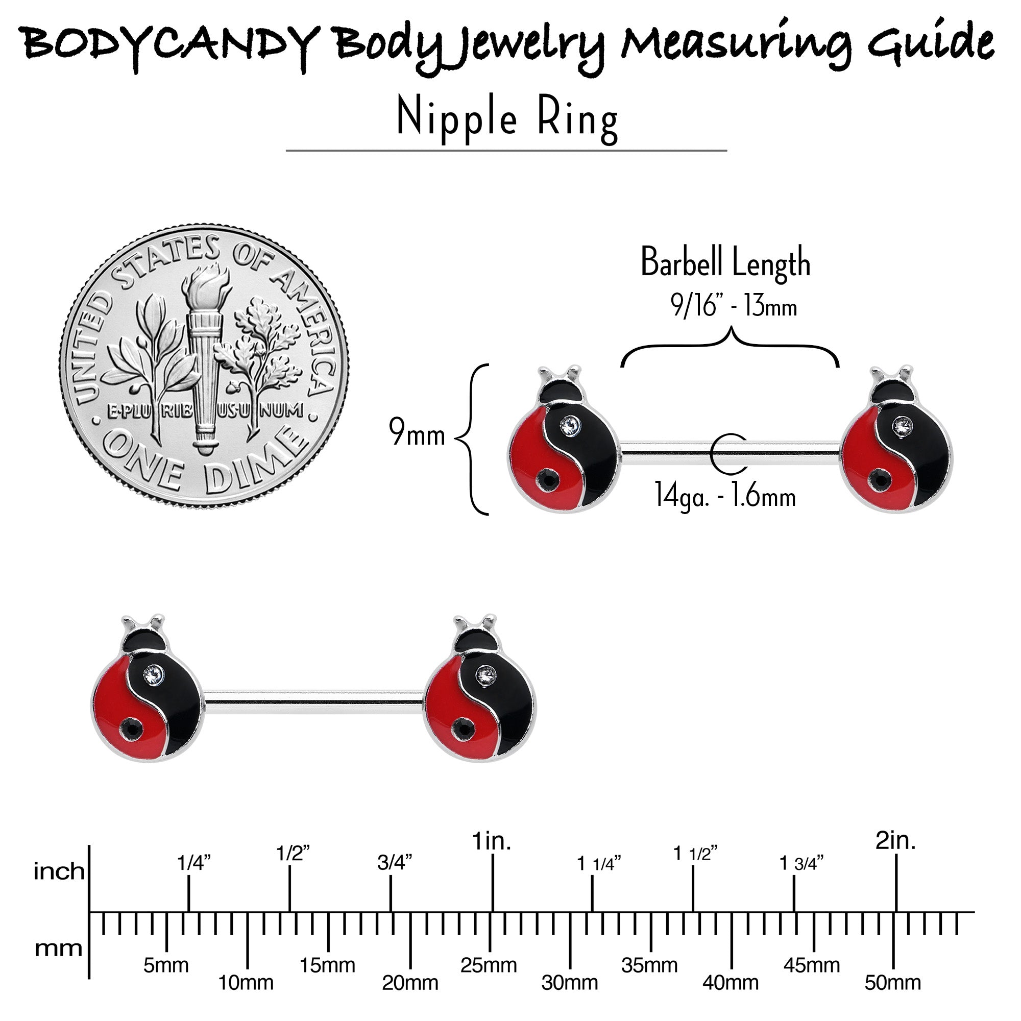 BodyCandy 14G 9/16 Clear Gem Ladybug Yin Yang Barbell Nipple Ring Set — in-use photo