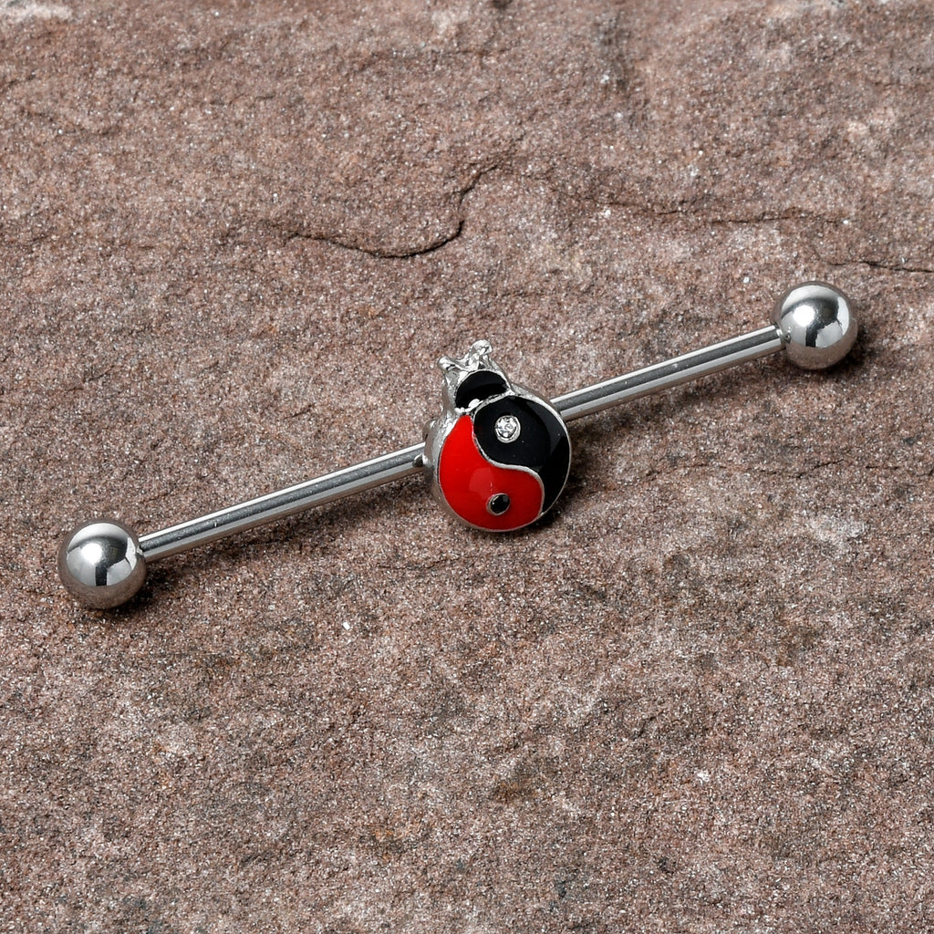 BodyCandy 14G Clear Gem Ladybug Yin Yang Industrial Barbell 38mm — detail close-up