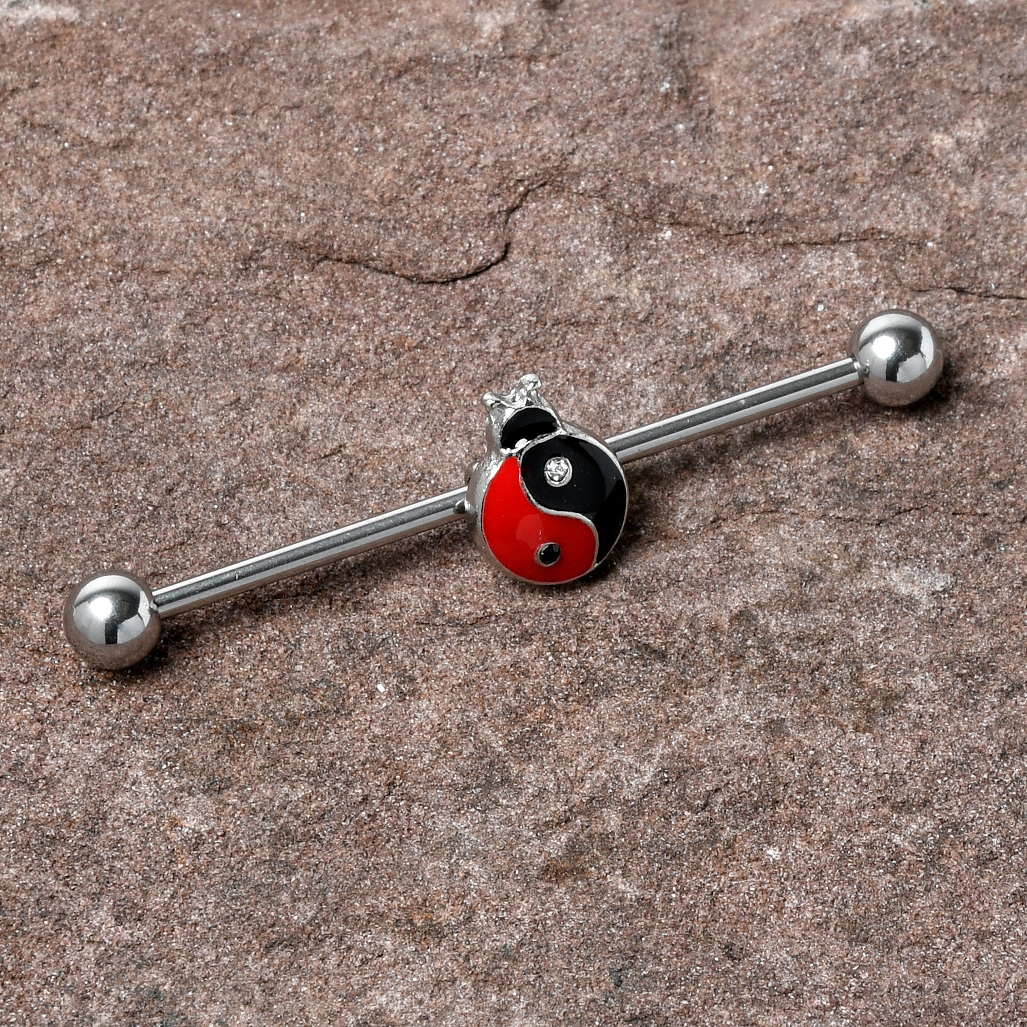 BodyCandy 14G Clear Gem Ladybug Yin Yang Industrial Barbell 38mm — detail close-up