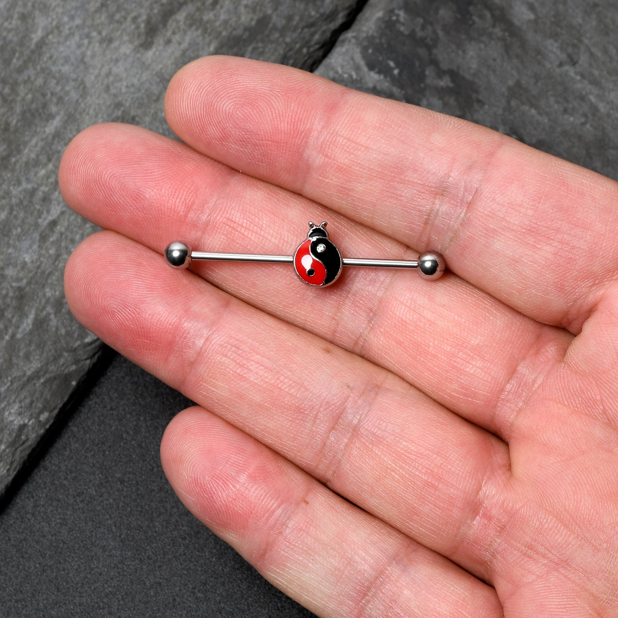 BodyCandy 14G Clear Gem Ladybug Yin Yang Industrial Barbell 38mm — back view