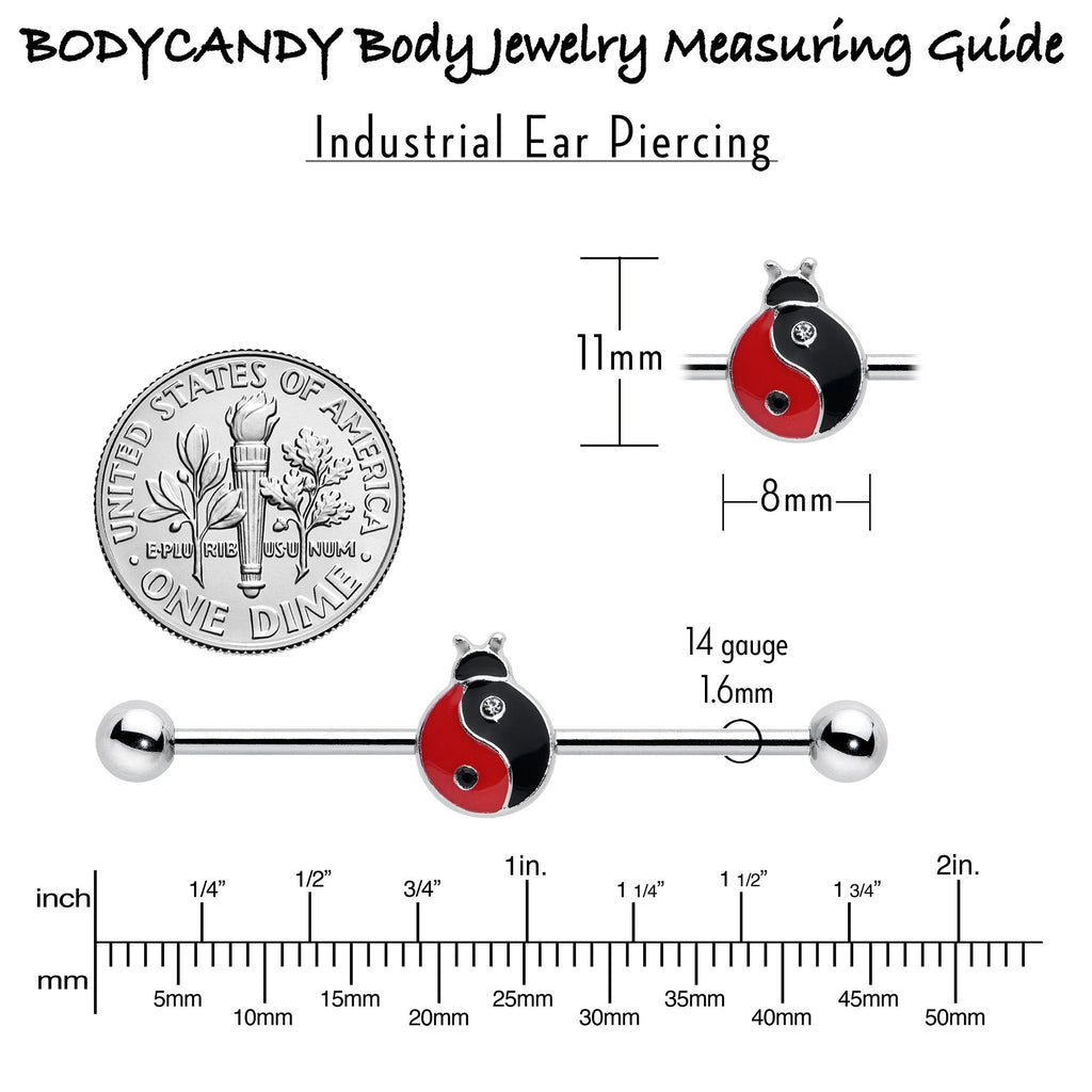 BodyCandy 14G Clear Gem Ladybug Yin Yang Industrial Barbell 38mm — in-use photo