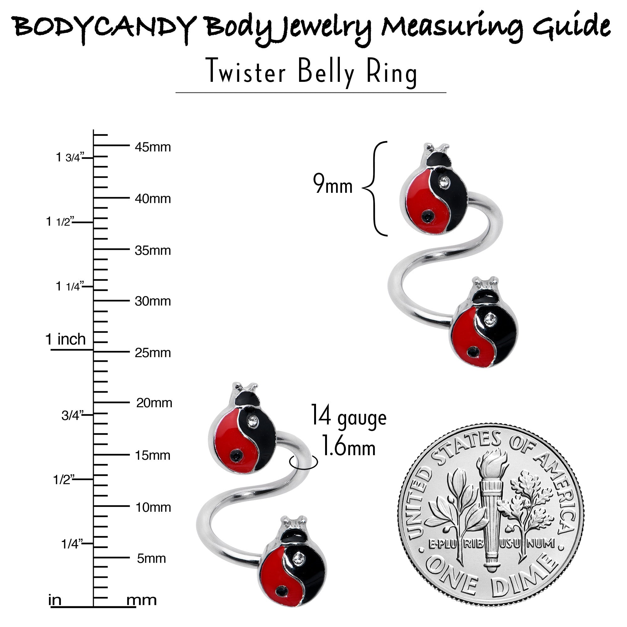 BodyCandy Clear Gem Ladybug Yin Yang Spiral Twister Belly Ring — side view