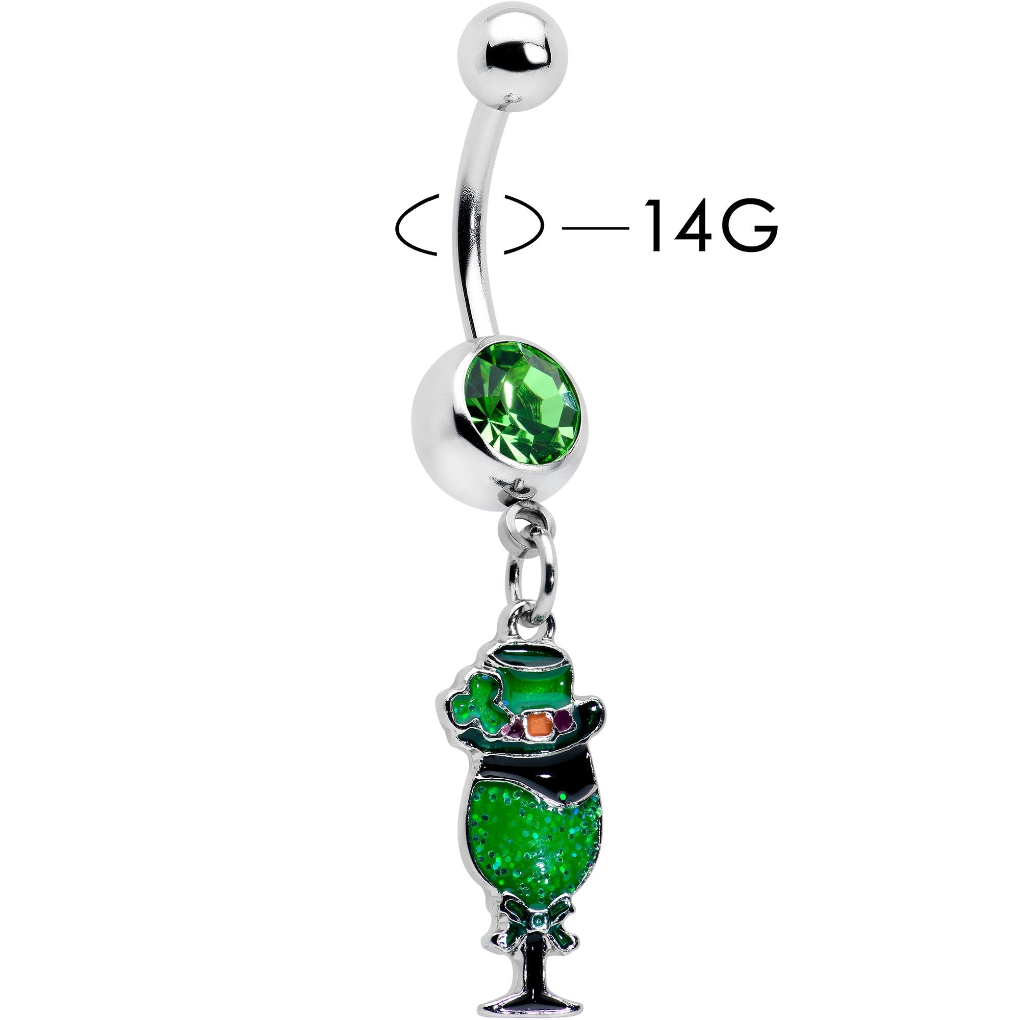 BodyCandy Green Gem Fancy Leprechaun St Patricks Dangle Belly Ring — detail close-up