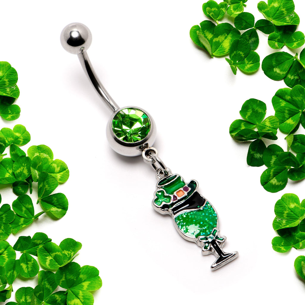 BodyCandy Green Gem Fancy Leprechaun St Patricks Dangle Belly Ring — side view