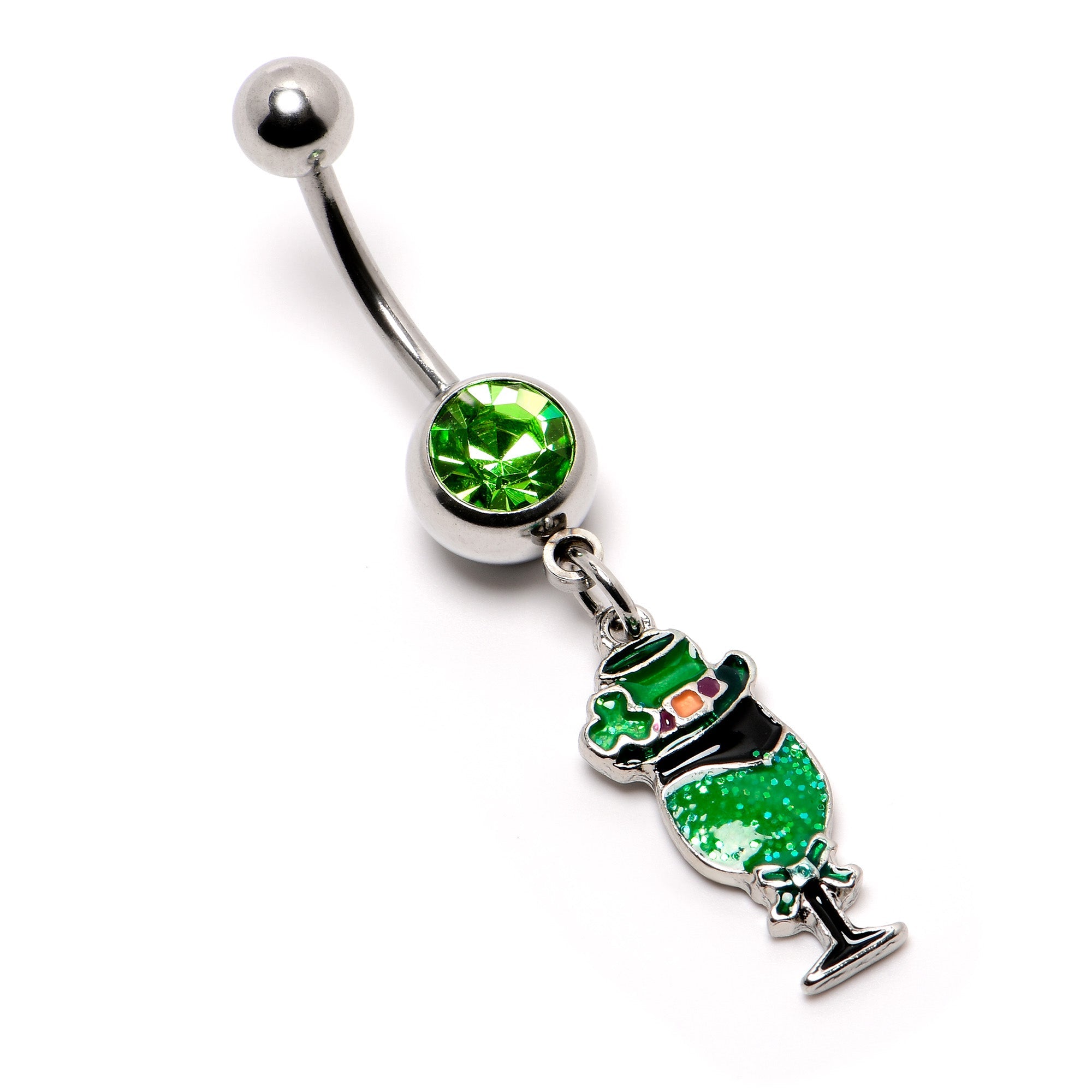 BodyCandy Green Gem Fancy Leprechaun St Patricks Dangle Belly Ring — back view