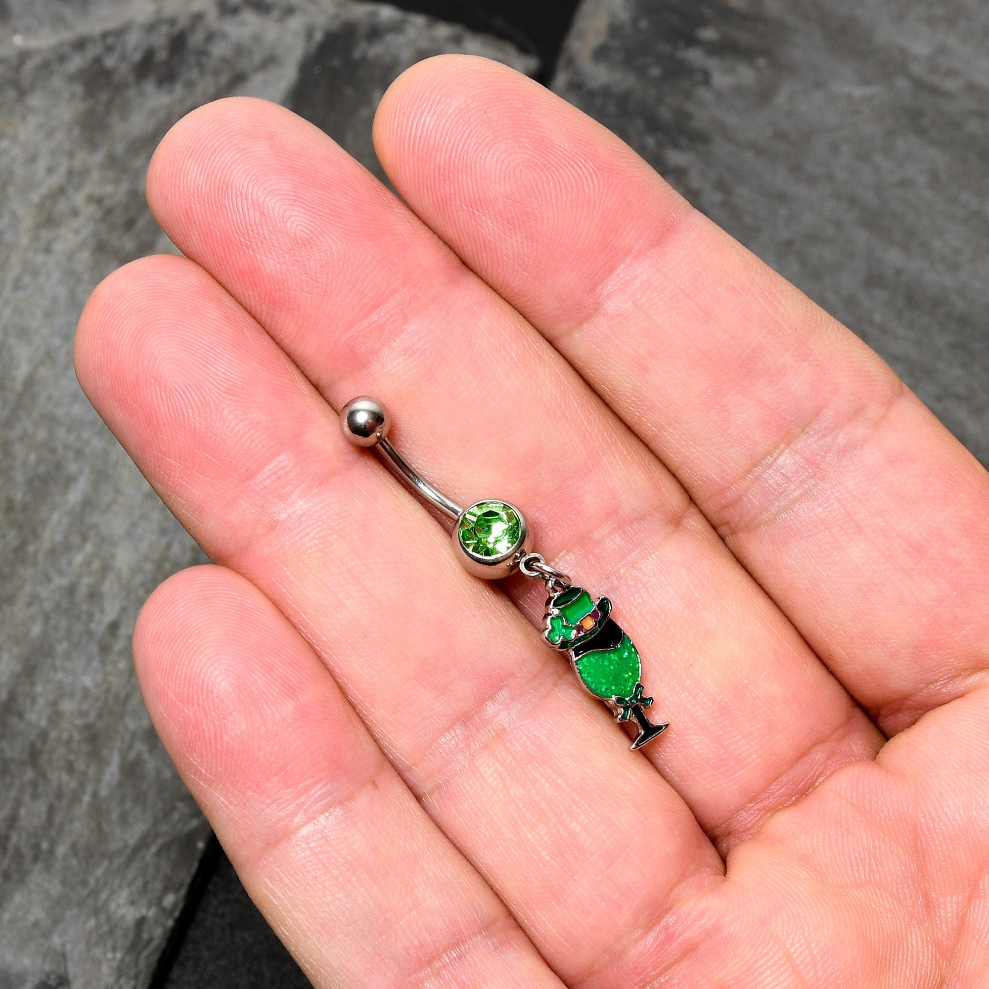 BodyCandy Green Gem Fancy Leprechaun St Patricks Dangle Belly Ring — in-use photo
