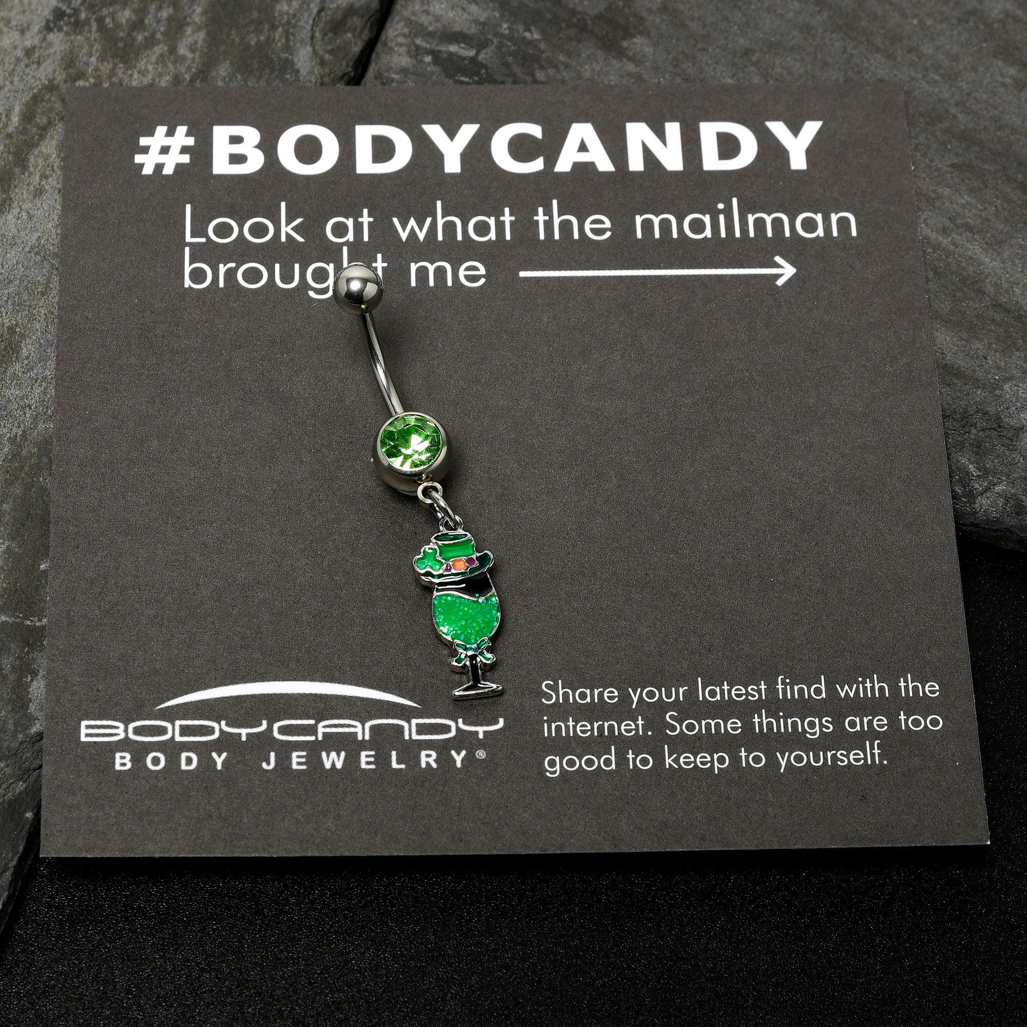 BodyCandy Green Gem Fancy Leprechaun St Patricks Dangle Belly Ring — size reference
