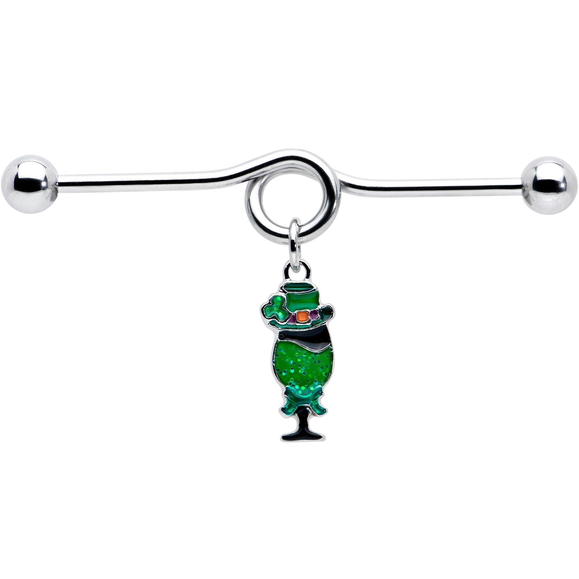 BodyCandy 14G Fancy Leprechaun St Patricks Dangle Project Bar 38mm — detail close-up