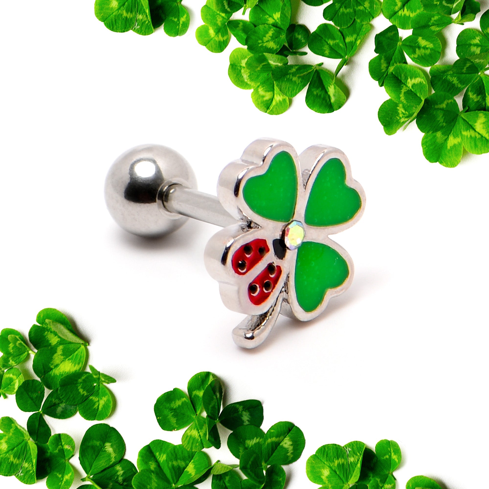 BodyCandy 16G 1/4 Ladybug Shamrock St Patricks Cartilage Tragus Earring — back view