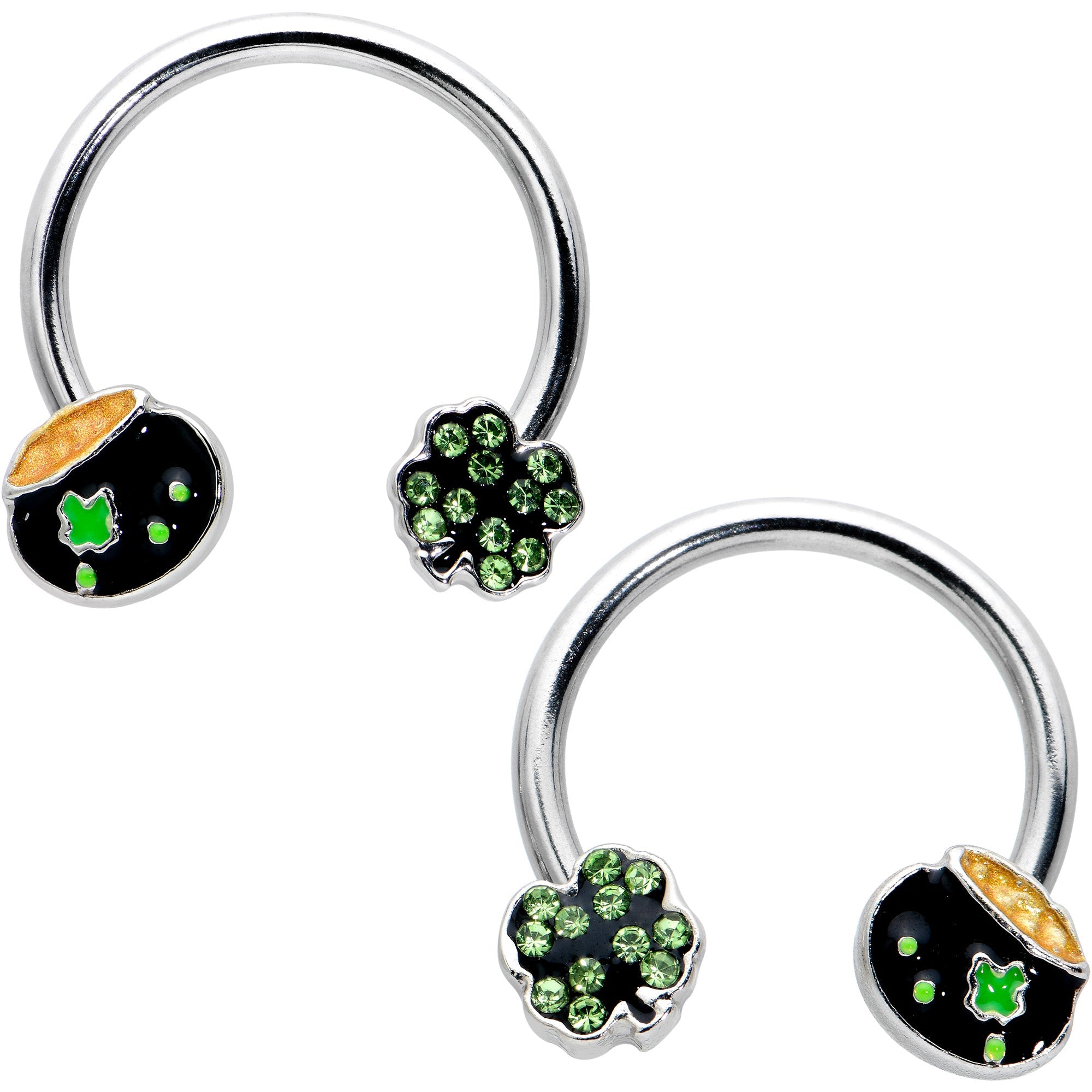 BodyCandy 14G 9/16 Green Gem Shamrock Pot of Gold Horseshoe Nipple Ring Set — main product shot